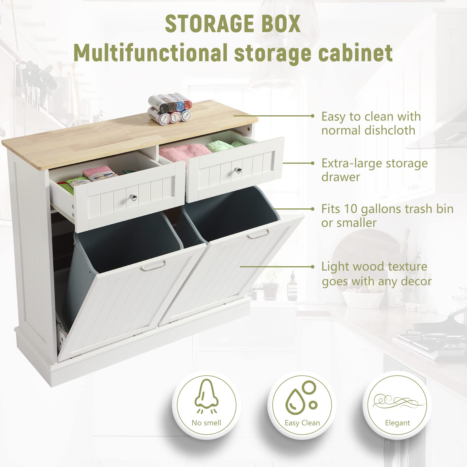 White Wooden Tilt-Out Trash Can Cabinet with Double Hidden Trash Bin Holder - Free Standing Kitchen Recycling Storage Organizer, Dog-Proof Garbage Can for Home & Office Use
