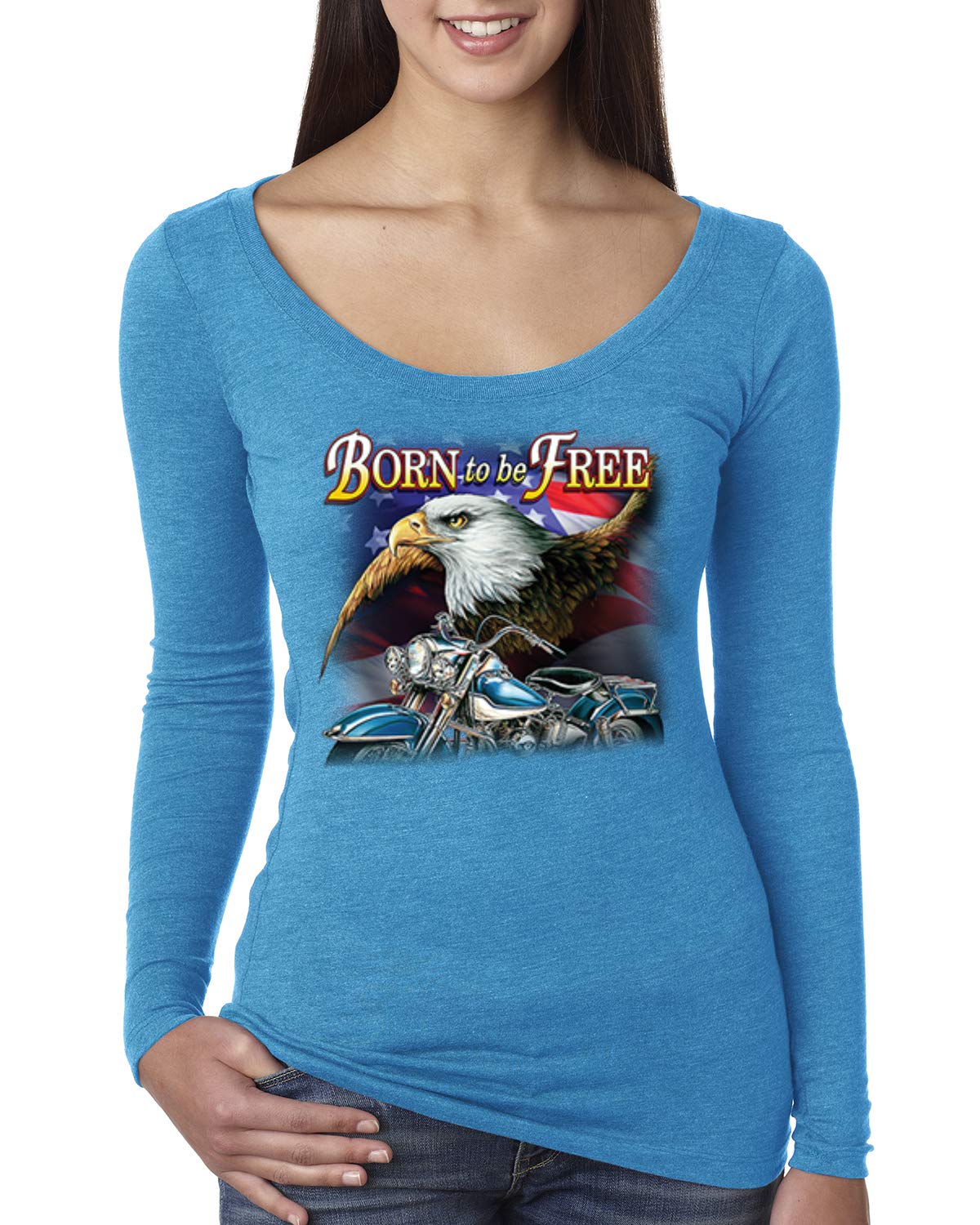 Born to Be Free Bald Eagle & American Flag Print Women's Scoop Neck Long Sleeve Top - Patriotic Casual Wear for Cars & Trucks Enthusiasts