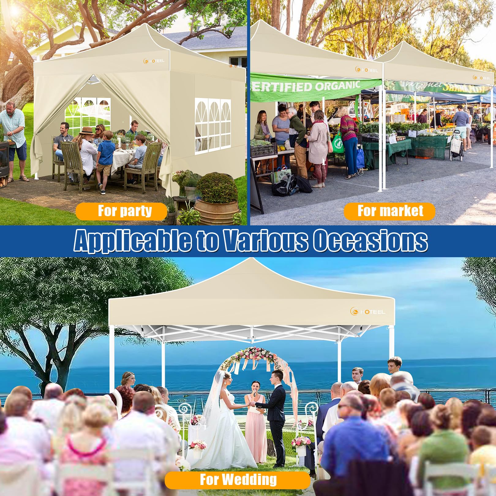 HOTEEL 10x10 Pop Up Canopy Tent - Heavy Duty Instant Gazebo with 4 Sidewalls & Sand Bags | Easy Setup Hexagonal Frame Commercial Tent for Outdoor Weddings, Parties, Events | Includes Portable Carry Bag (Khaki) - Perfect for Backyard Gatherings, Farmers Markets & Beach Outings