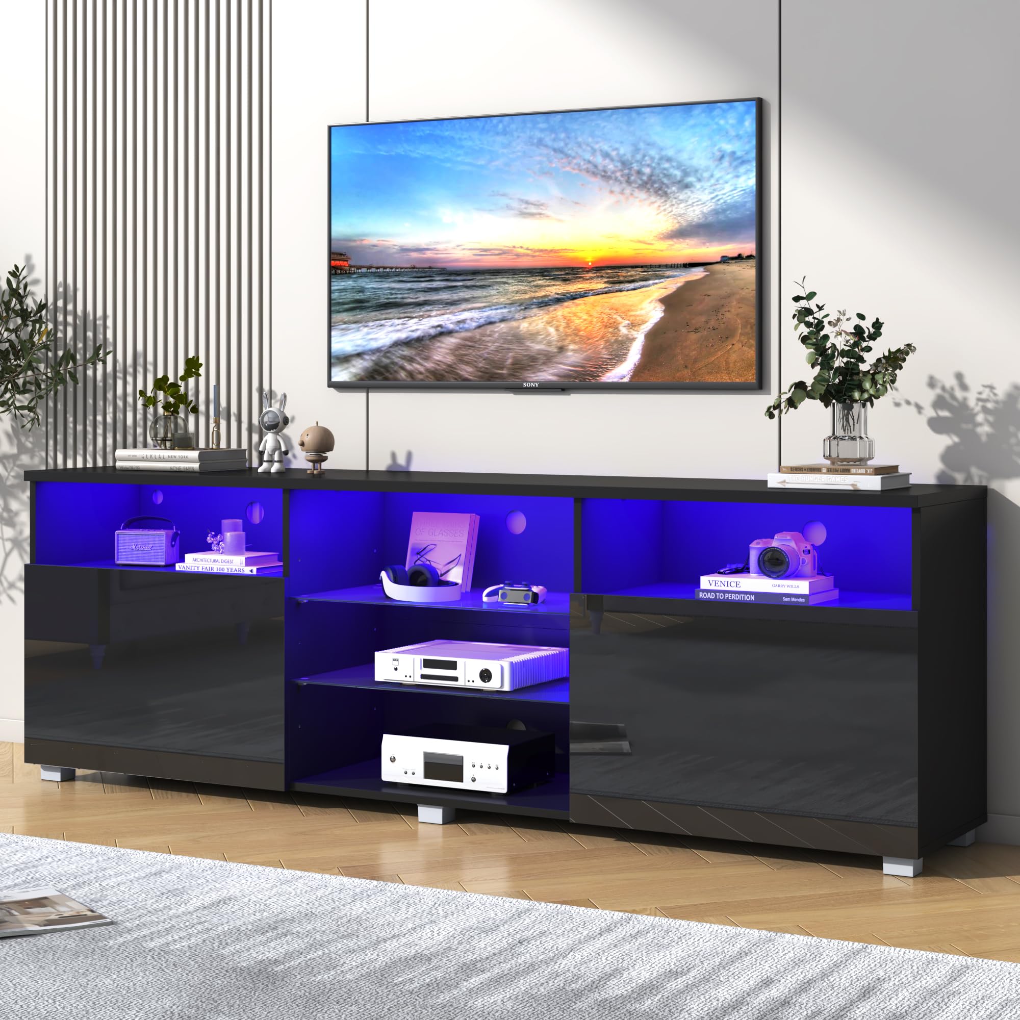 Vinctik 70 inch Modern LED TV Stand for 75/80 inch TVs - High Glossy Entertainment Center with Storage Drawers, APP-Controlled RGB Lighting - Smart TV Cabinet for Living Room (71in Black) - Perfect for Home Theater & Gaming Setup