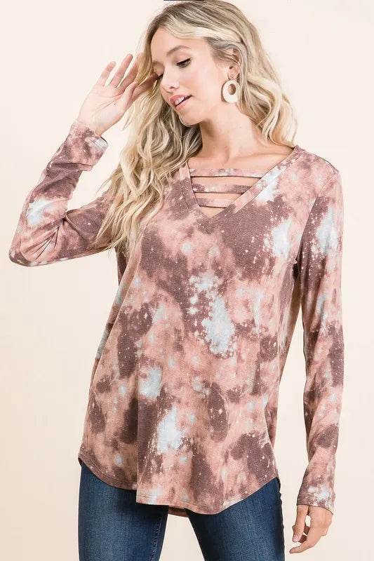 BiBi Tie Dye French Terry V-Neck T-Shirt for Women | Soft Casual Top | Perfect for Summer Outfits, Beach Wear & Lounge