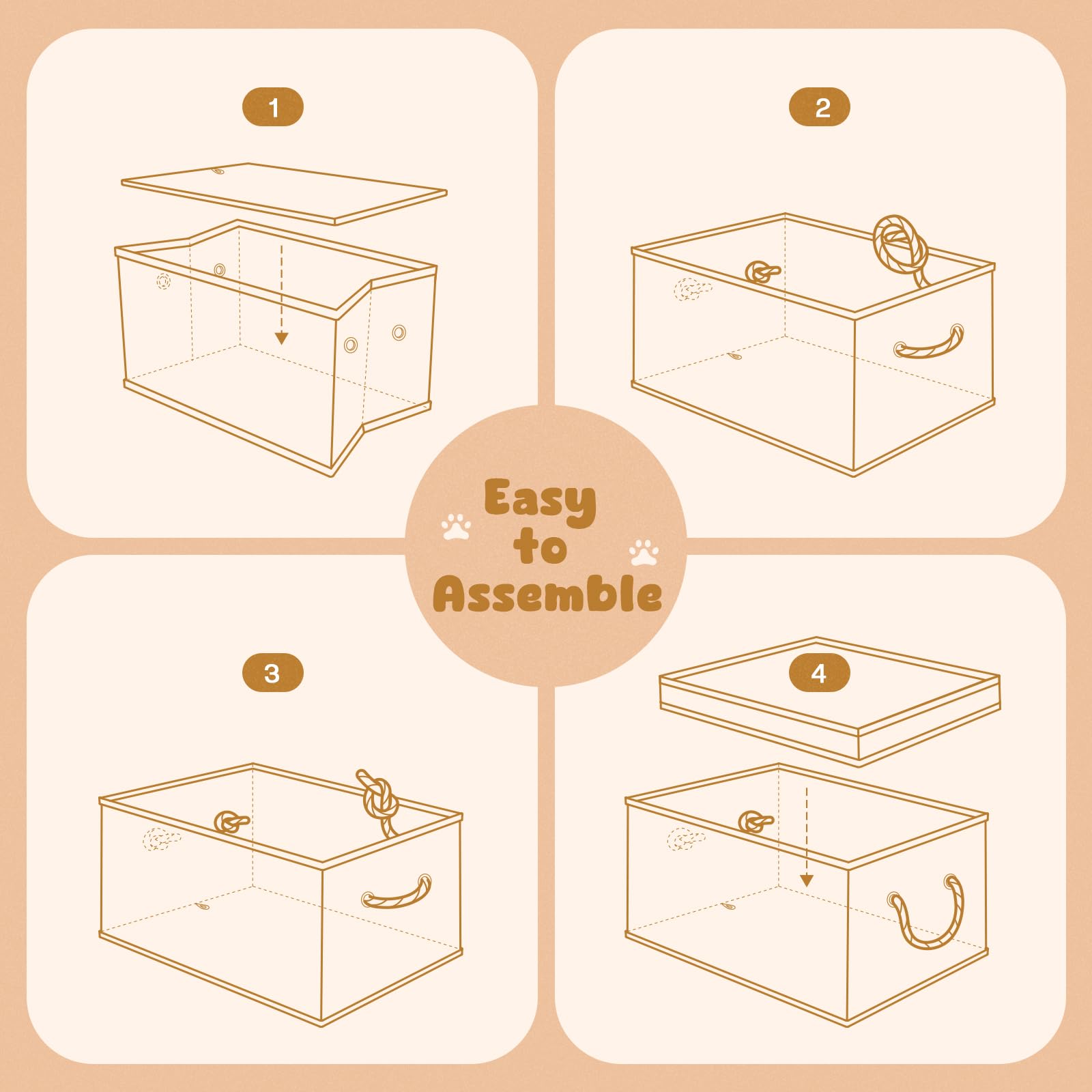 Durable Dog Toy Storage Basket with Lid & Cotton Rope Handles - Collapsible Pet Toy Organizer Box for Living Room, Bedroom or Nursery - Beige-Gray Dog Toy Bin for Easy Organization