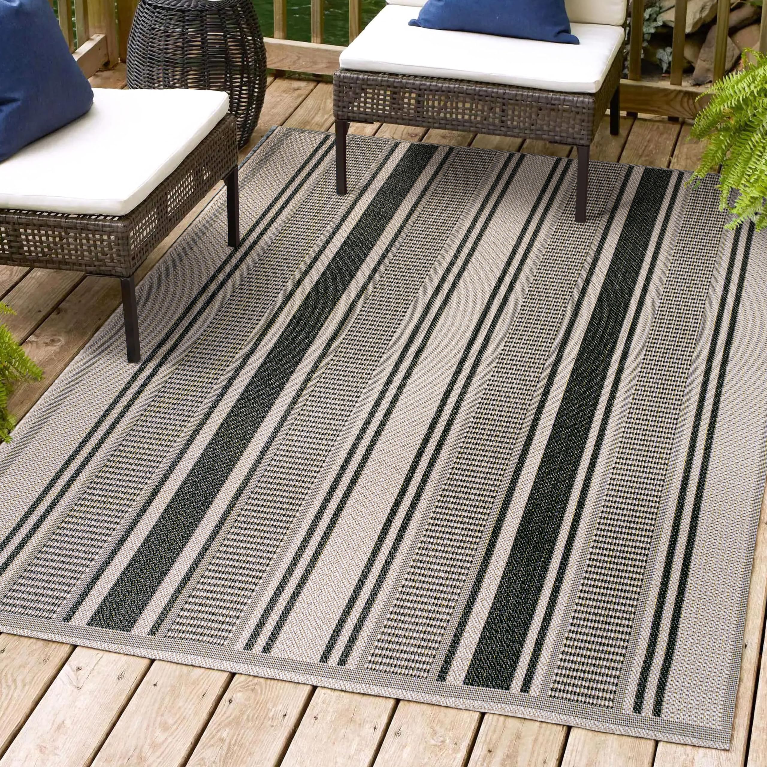 JONATHAN Y SMB202D-8 Modern Double Stripe Indoor/Outdoor Area Rug - Rustic Farmhouse Design, Easy to Clean, Non-Shedding, Black/Beige, 8' x 10' - Perfect for Bedroom, Kitchen, Backyard & Patio Decor