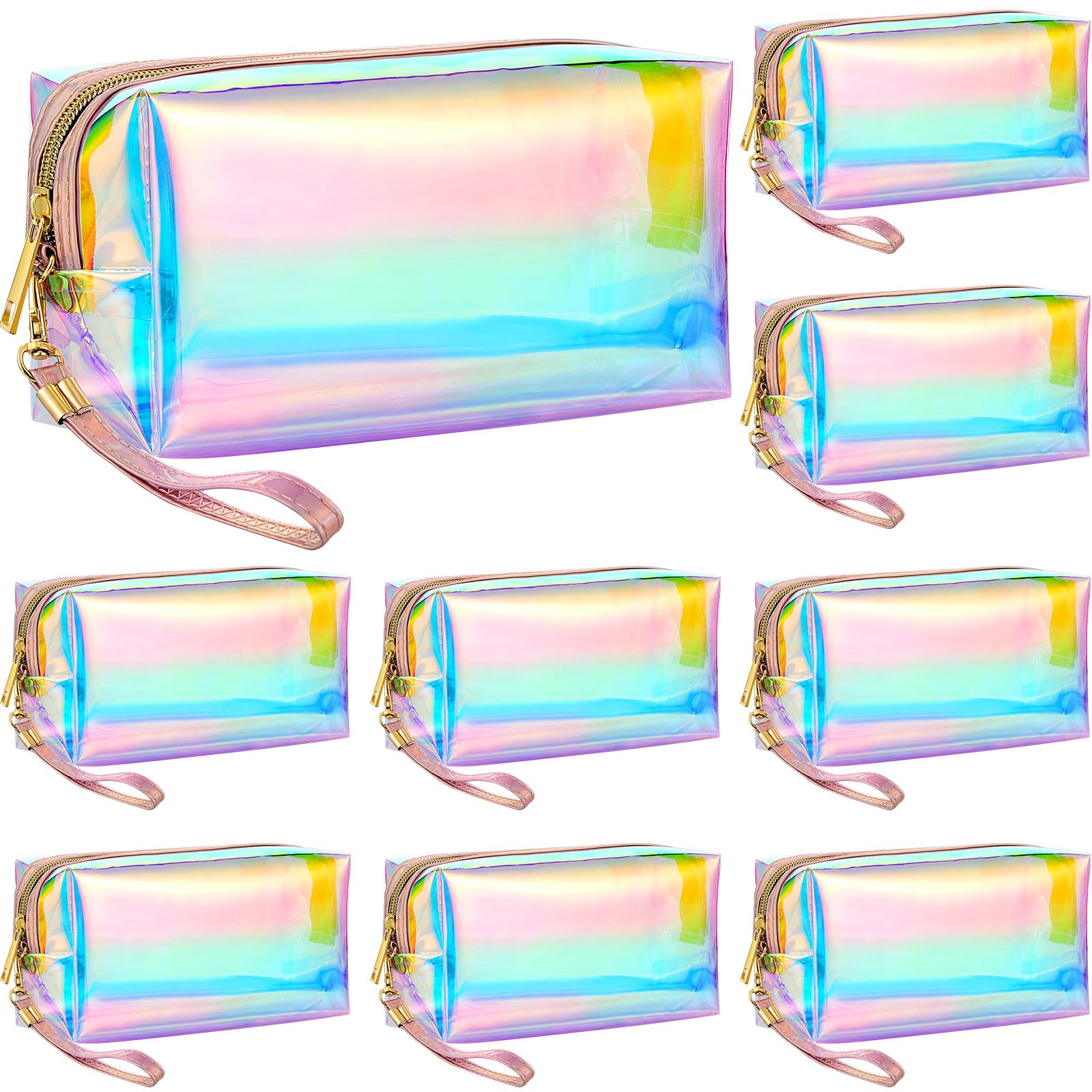 8 Pack Holographic Clear Makeup Bags with Zipper - Waterproof Travel Cosmetic Organizer, Iridescent Toiletry Pouch with Wrist Loop for Women - Perfect for Vacation, Gym, Office, Diaper Storage & Gift Giving (Large Size)
