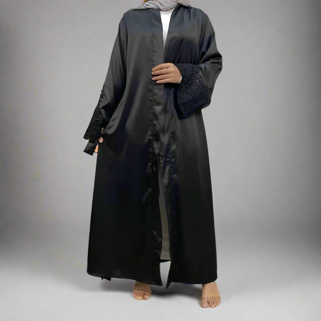 Elegant Satin Embroidery Long Sleeve Open Abaya Dress for Muslim Women - Perfect for Prayer, Mosque Visits & Special Occasions