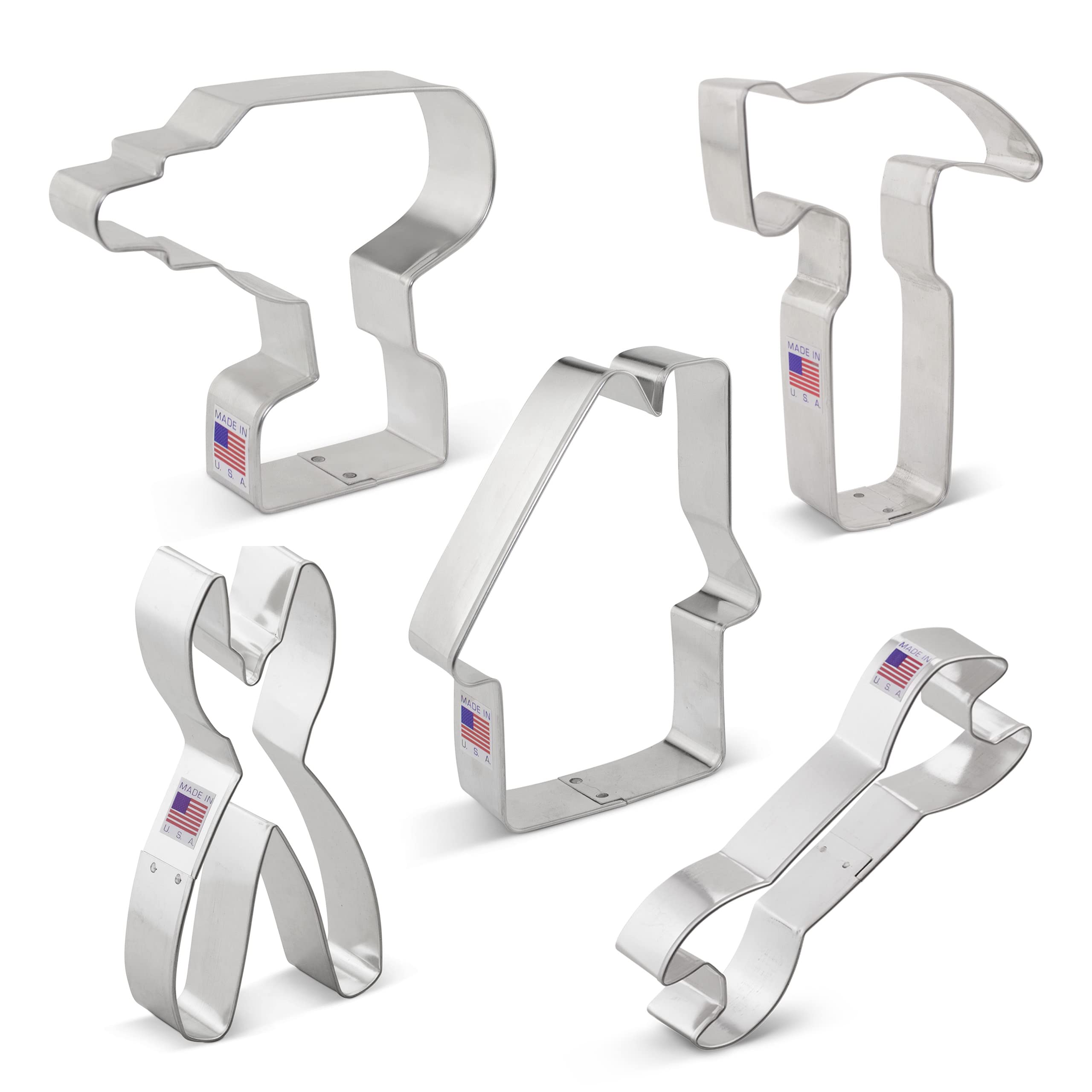 Father's Day Construction Cookie Cutters Set - 5-Pc. Cordless Drill, Hammer, Wrench, Pliers & House Shaped Metal Cutters | Made in USA by Ann Clark | Perfect for DIY Cookies, Baking Gifts & Father's Day Celebrations