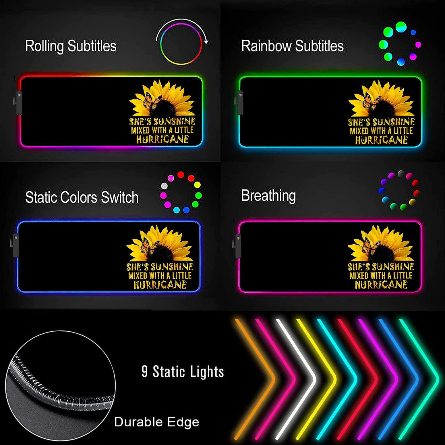 RGB Gaming Mouse Pad with LED Lights - Large Non-Slip Desk Mat for Keyboard & Mouse | Waterproof Optical Surface | Perfect for PC Gaming, Office Work & Home Decor (Sunflower & Butterfly Design)