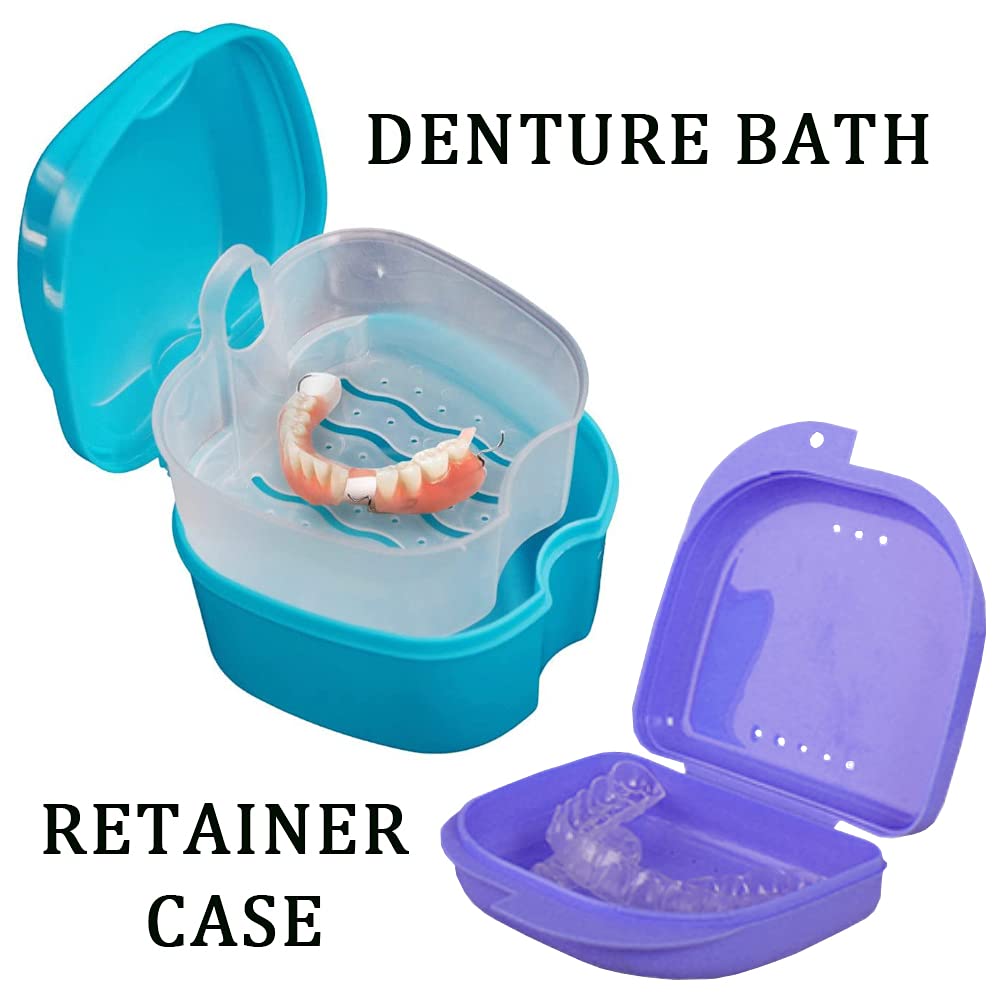 Denture Bath Case Cup with Cleaner Brush & Retainer Holder Box - Complete Cleaning Kit for Dentures, Clear Braces, Mouth Guards, Night Guards & Retainers - Travel-Friendly Dental Care Organizer (Blue) | Perfect for Home Use, Travel & Daily Oral Care Maintenance