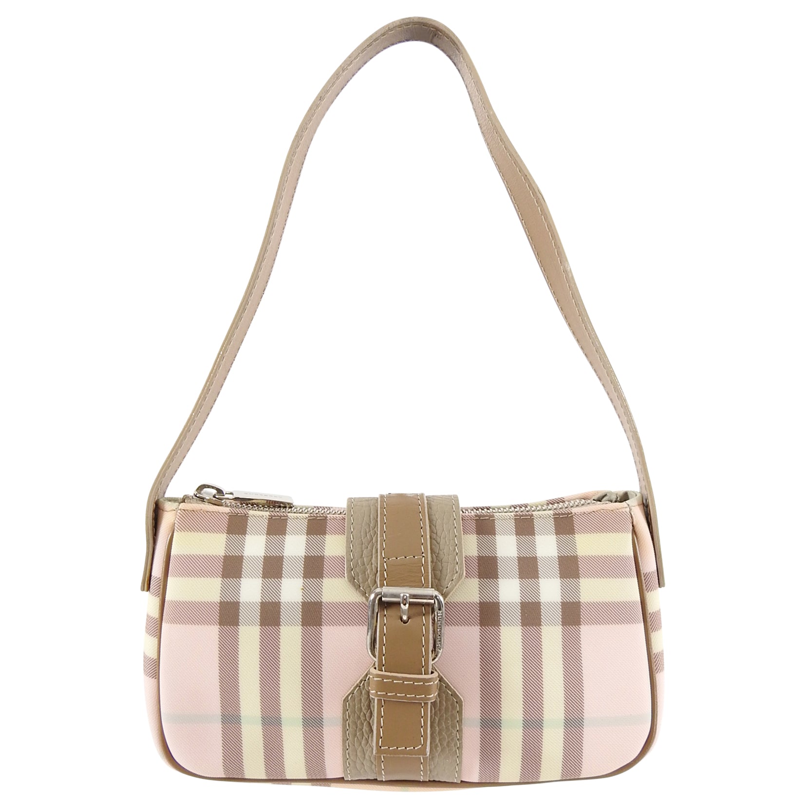 Burberry London Pink Coated Canvas Nova Check Mini Baguette Bag for Women | Luxury Designer Crossbody Purse | Perfect for Date Night, Parties & Everyday Use