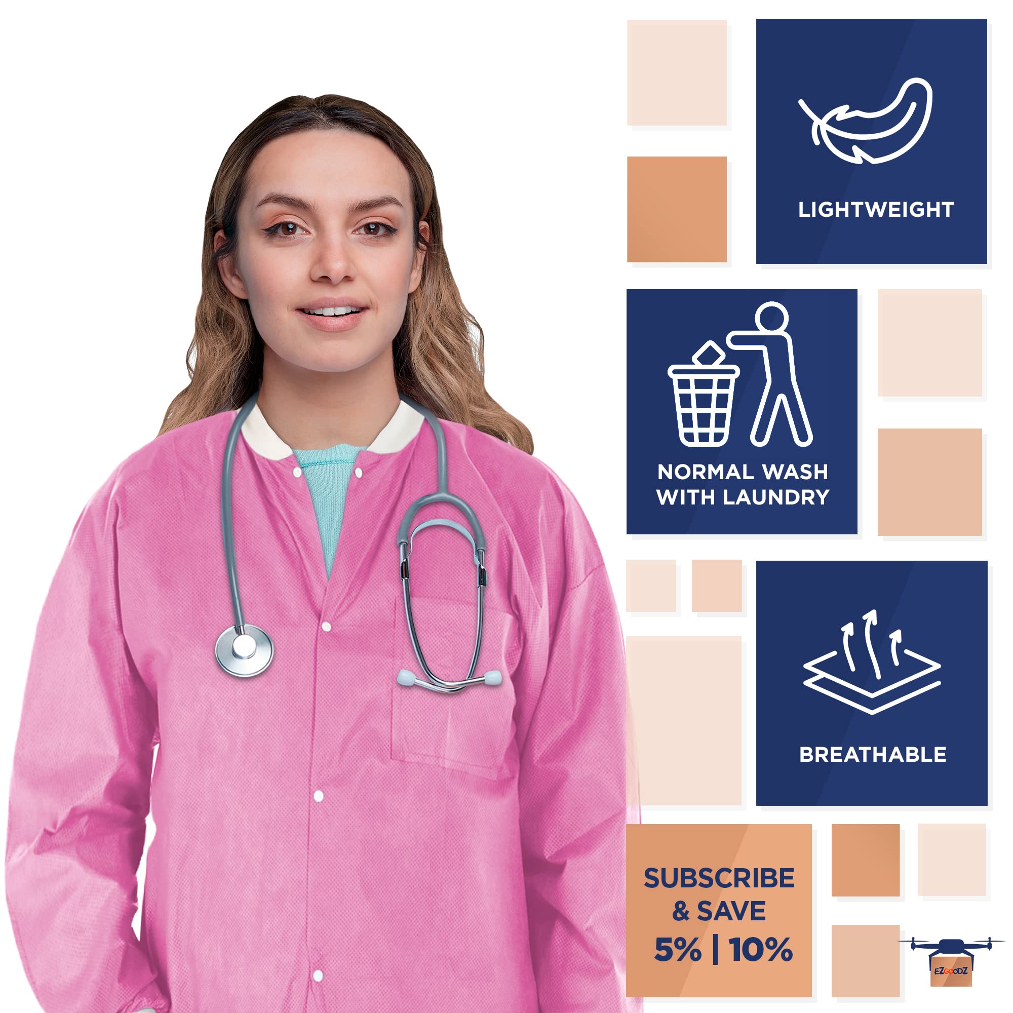 EZGOODZ Disposable Lab Coat - 30 Inch Long, Pack of 100, Pink Hip-Length Workwear (Medium) - SMS 50 GSM, Snap Front, Knit Cuffs & Collar, 3 Pockets - Unisex PPE Coat for Medical, Laboratory, Cleanroom & Industrial Use