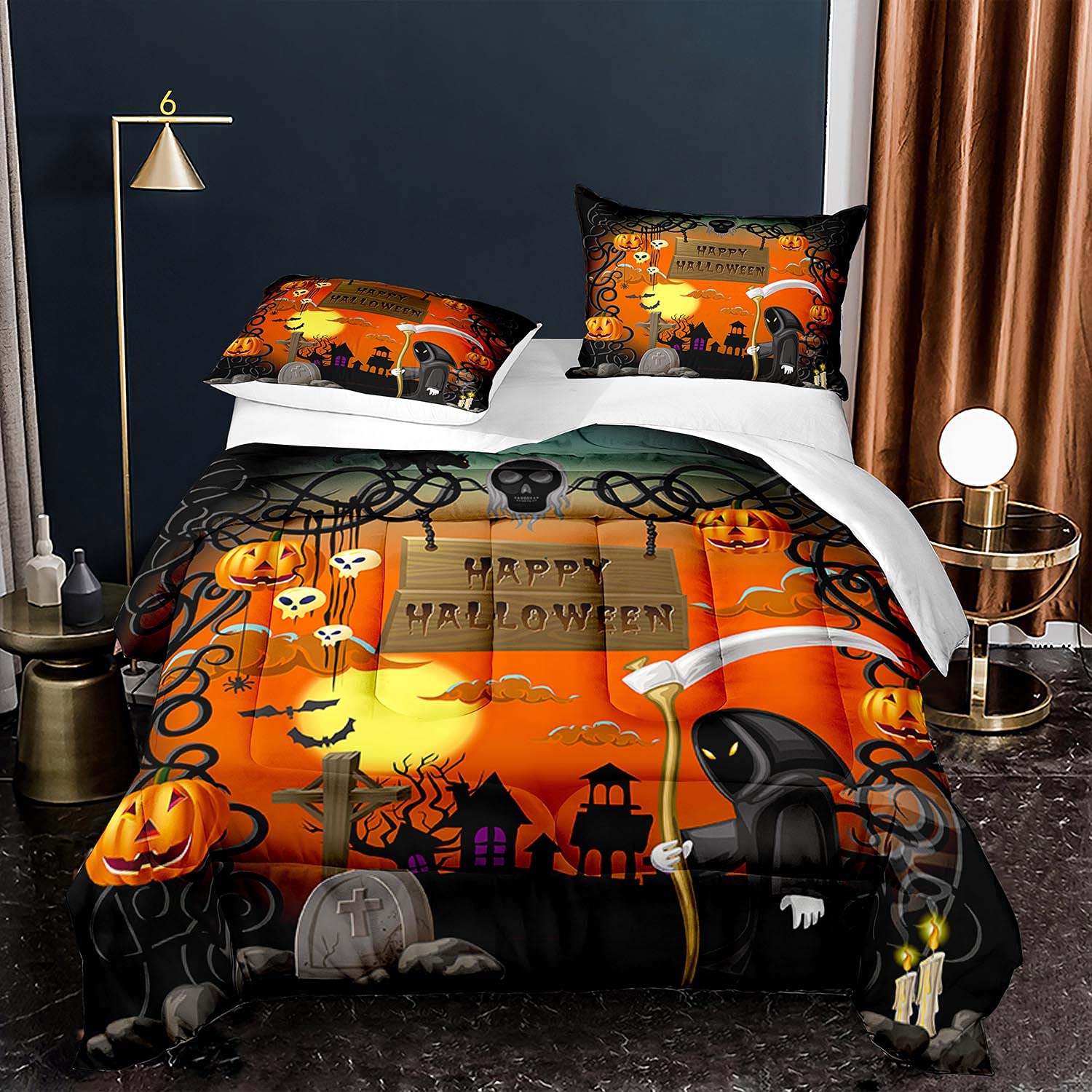 Spooky Halloween King Size Bedding Set - Castle, Bats, Pumpkin & Ghost Print Comforter Duvet Cover with 2 Pillowcases for Boys & Teens | Perfect for Halloween Decor, Themed Bedrooms & Spooky Sleepovers