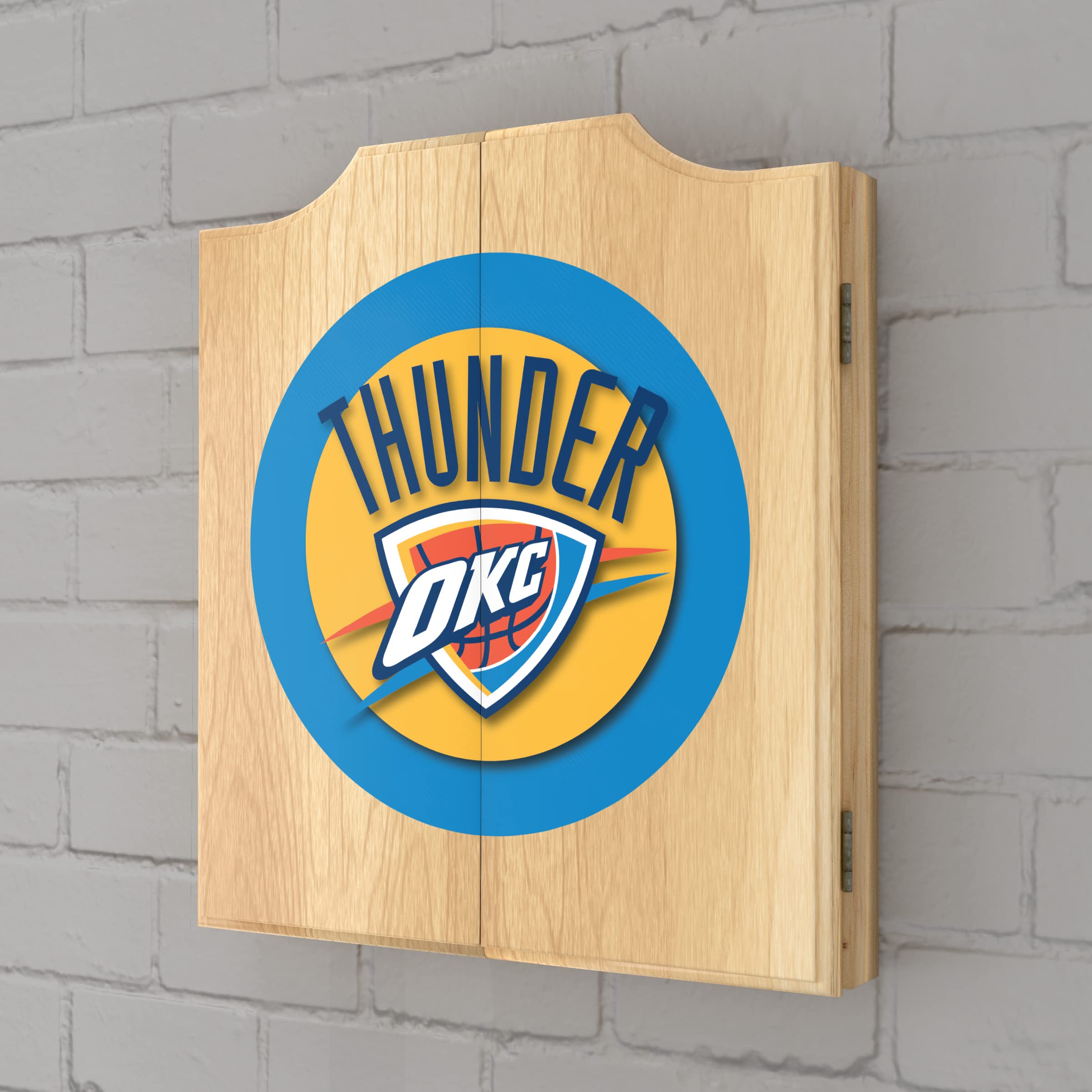 Oklahoma City Thunder Logo Dartboard Cabinet Set with 6 Steel Tip Darts, Scoreboard & Wooden Hanging Cabinet - Perfect for Game Rooms, Bars & Man Caves