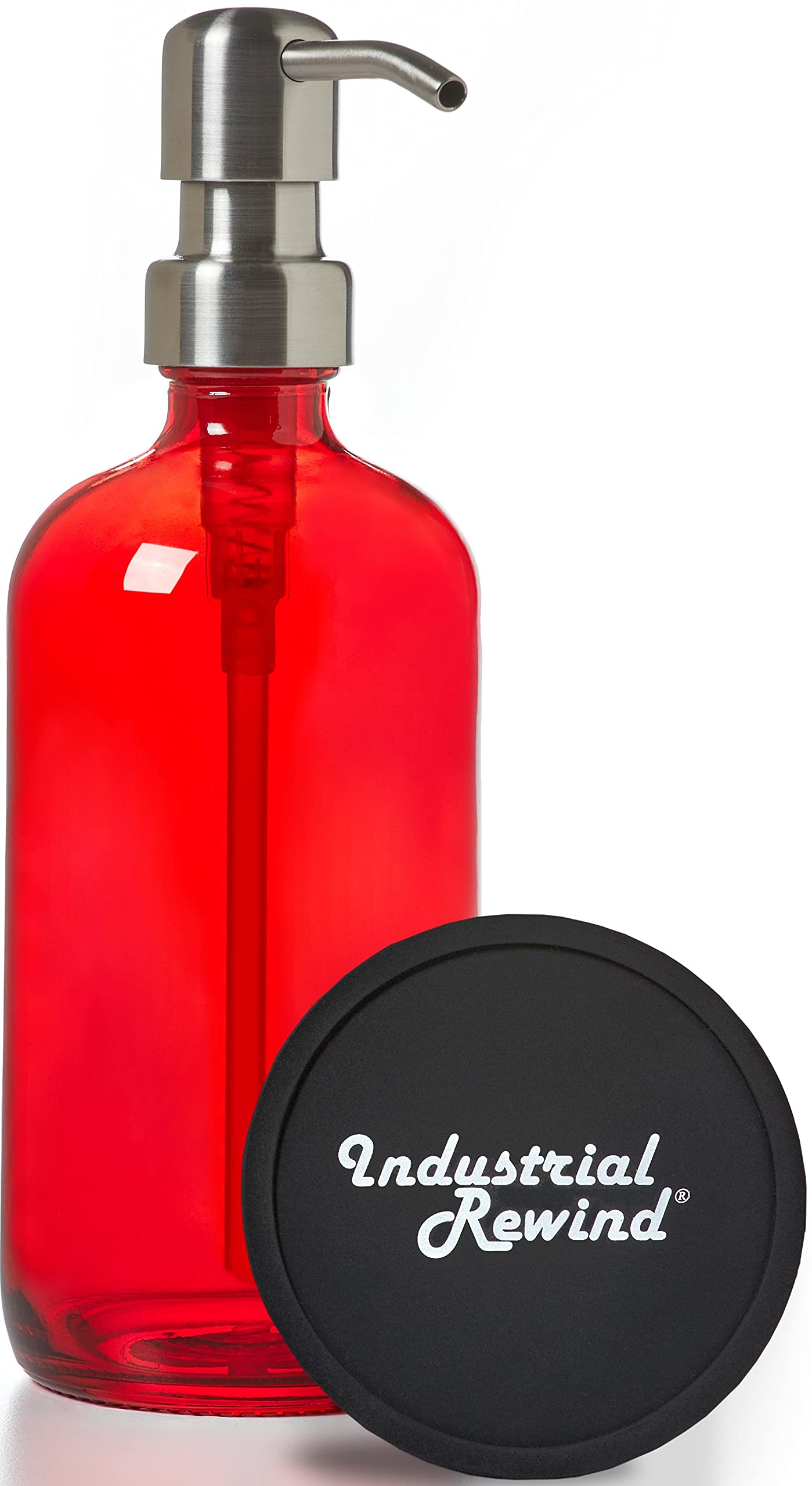 Stainless Steel Red Glass Soap Dispenser with Non-Slip Coaster & Top Protector - 16oz Hand Wash Liquid Pump for Kitchen, Bathroom & Office Sink