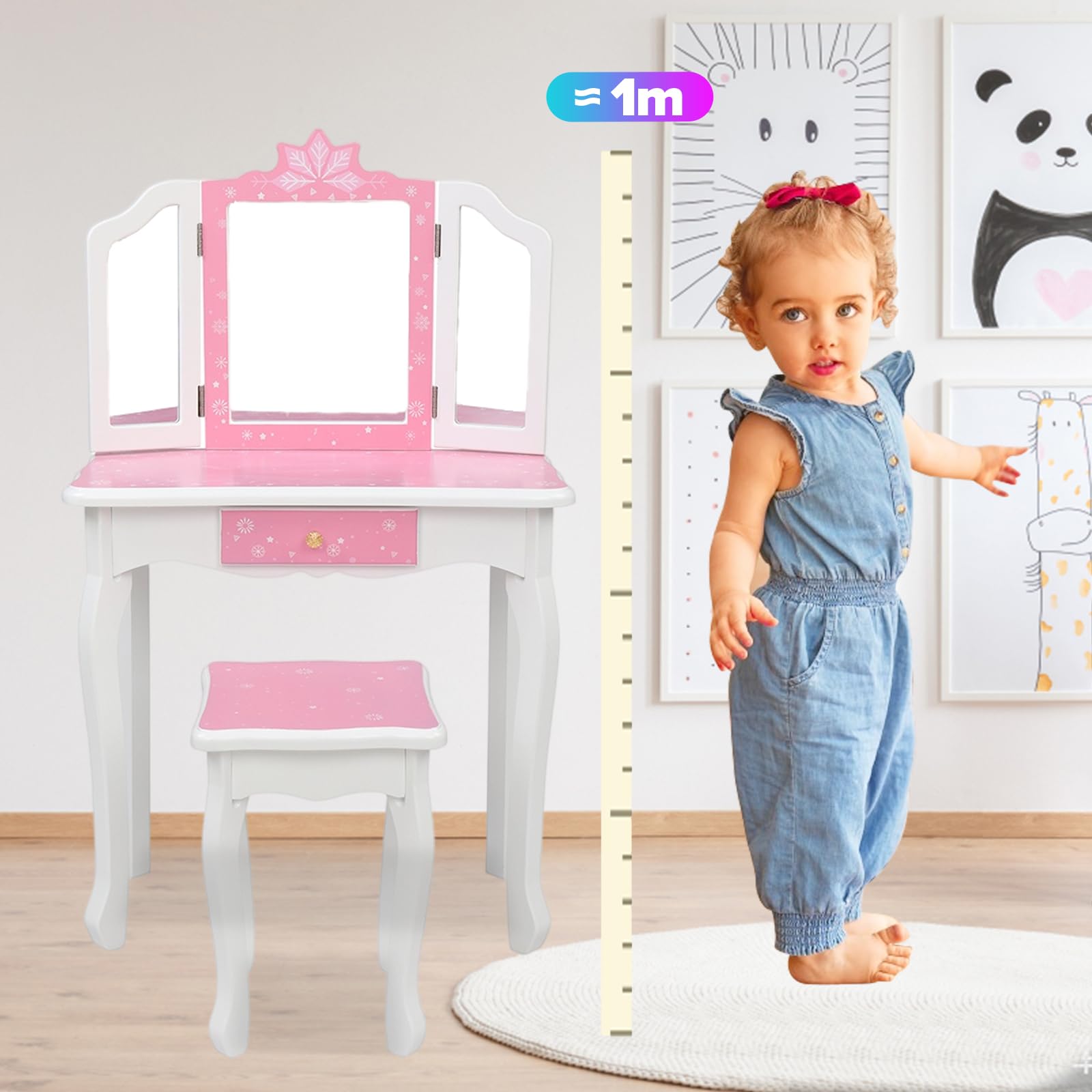 BELANITAS Kids Vanity Set with Mirror - Tri-Folding Vanity Table & Chair Set for Girls, Pink Princess Makeup Dressing Table with Drawer & Stool, 2-in-1 Toy Storage & Play Set - Perfect for Birthday Gifts, Pretend Play & Bedroom Decor