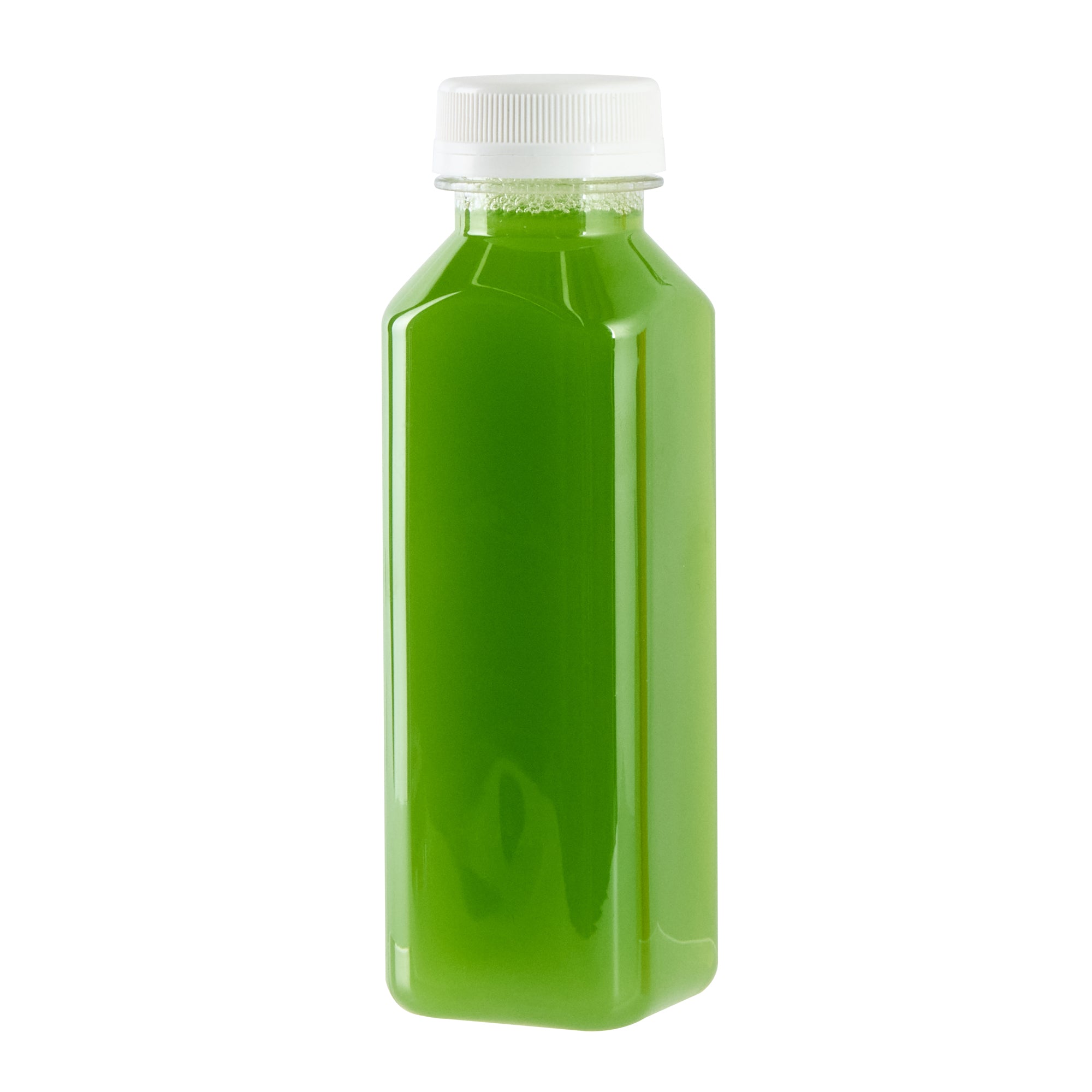 12 oz Square Clear Plastic Cold Pressed Juice Bottles with Safety Cap - 2 x 2 x 6.5 Inches - Pack of 100 - Perfect for Fresh Juices, Smoothies & Meal Prep Storage