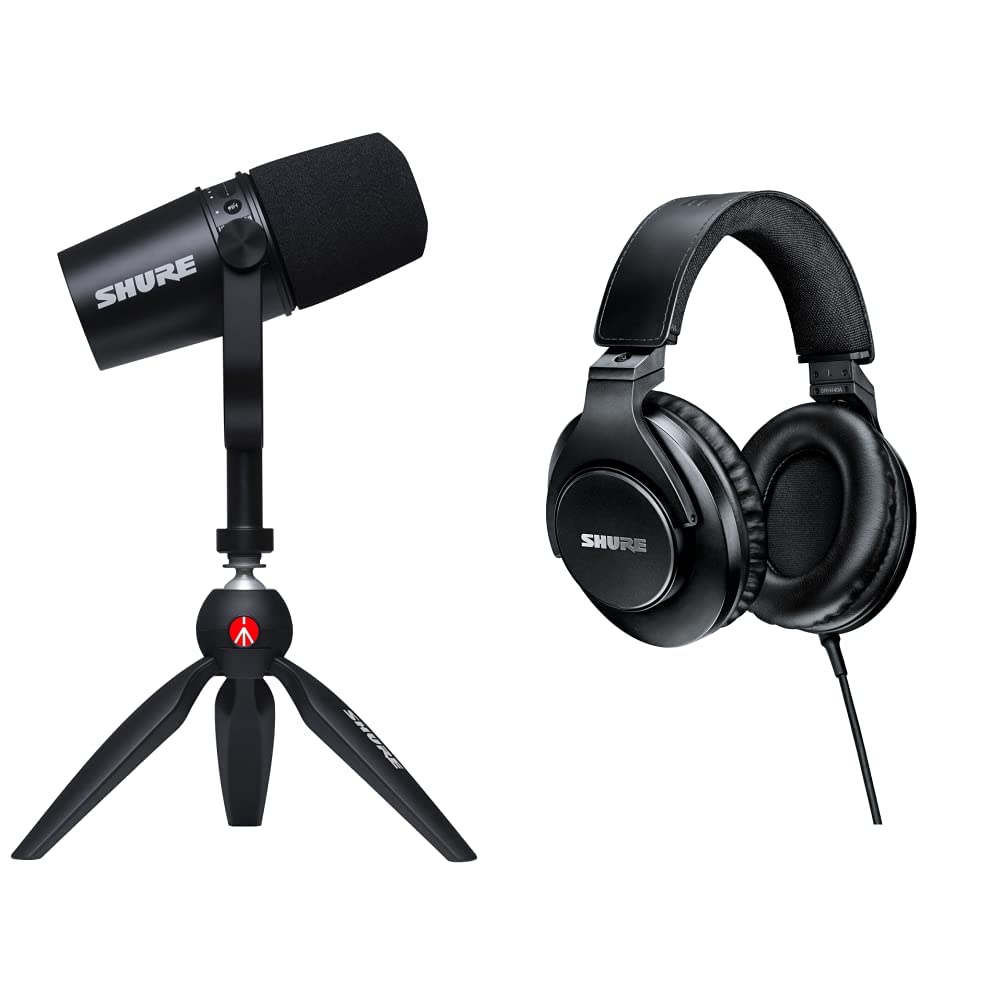 Shure MV7 USB Podcasting Microphone with Tripod Stand & SRH440A Professional Studio Headphones for Recording, Streaming, and Voice Overs - Perfect for Podcasters, Gamers, and Content Creators