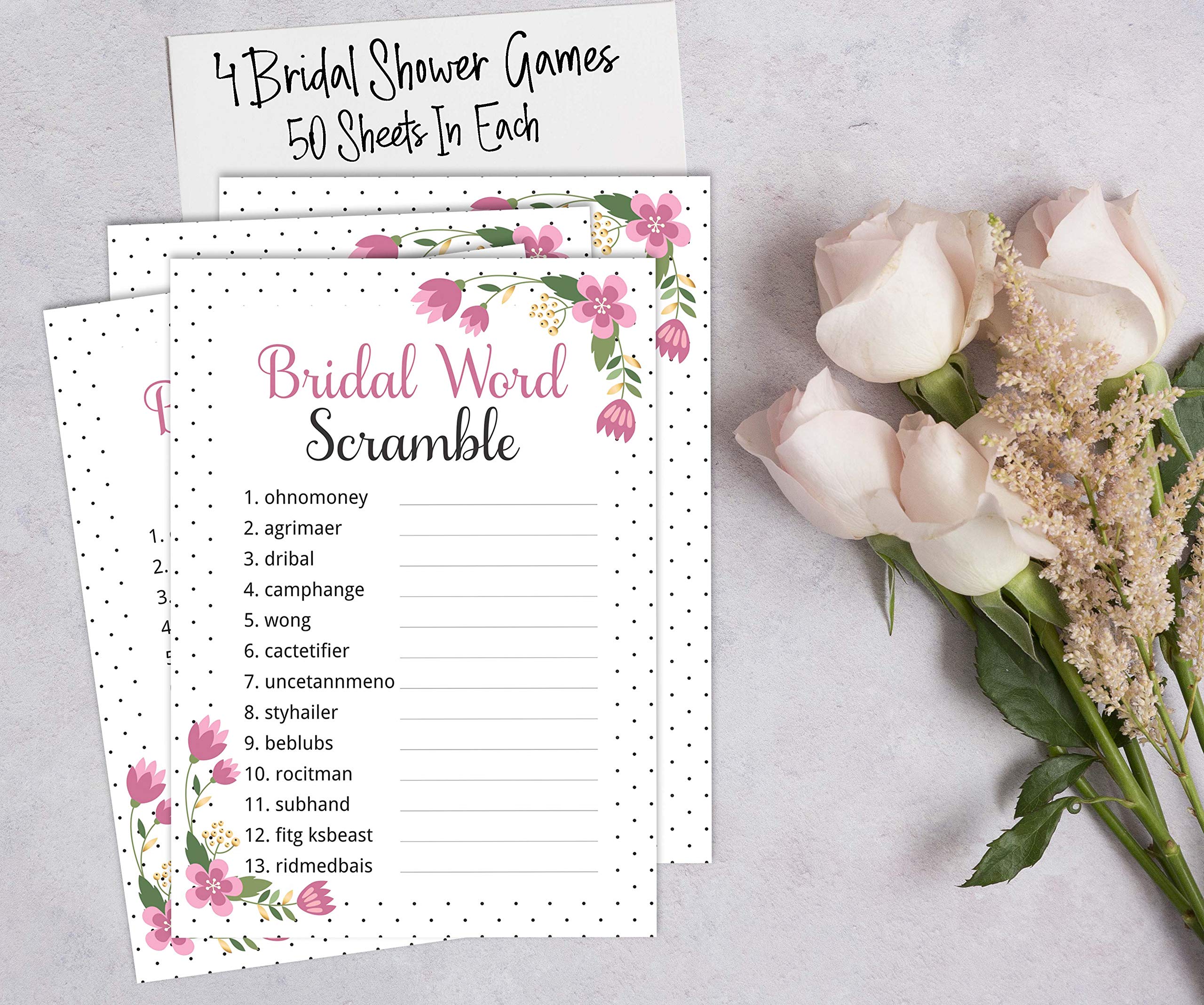 Floral Bridal Shower Games Set of 4 (50 Sheets Each) - Fun Bachelorette Party Games Bundle for Wedding Showers & Girls Night Out