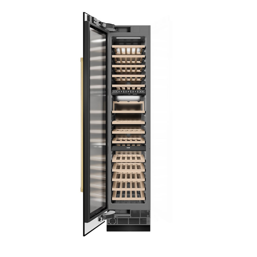 ZLINE Autograph Edition 18 Inch 9.0 Cubic Feet Triple Zone 68 Bottle Left Hinge Column Wine Cooler - Black Stainless Steel with Polished Gold Accents (RCWVLZ BS 18 G) - Perfect for Home Bars, Wine Cellars, and Entertaining Spaces