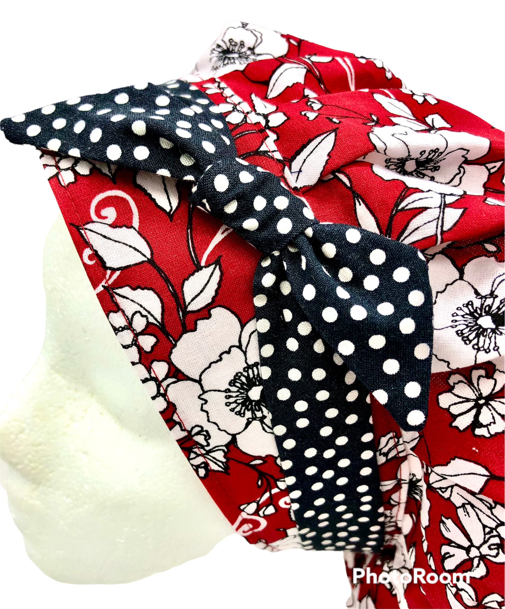 Bouffant Scrub Cap for Women - Surgical Cap with Modern Abstract Black Line & White Flowers Design, Red Polka Dot Headband Bow - Perfect for Nurses, Doctors, and Medical Professionals