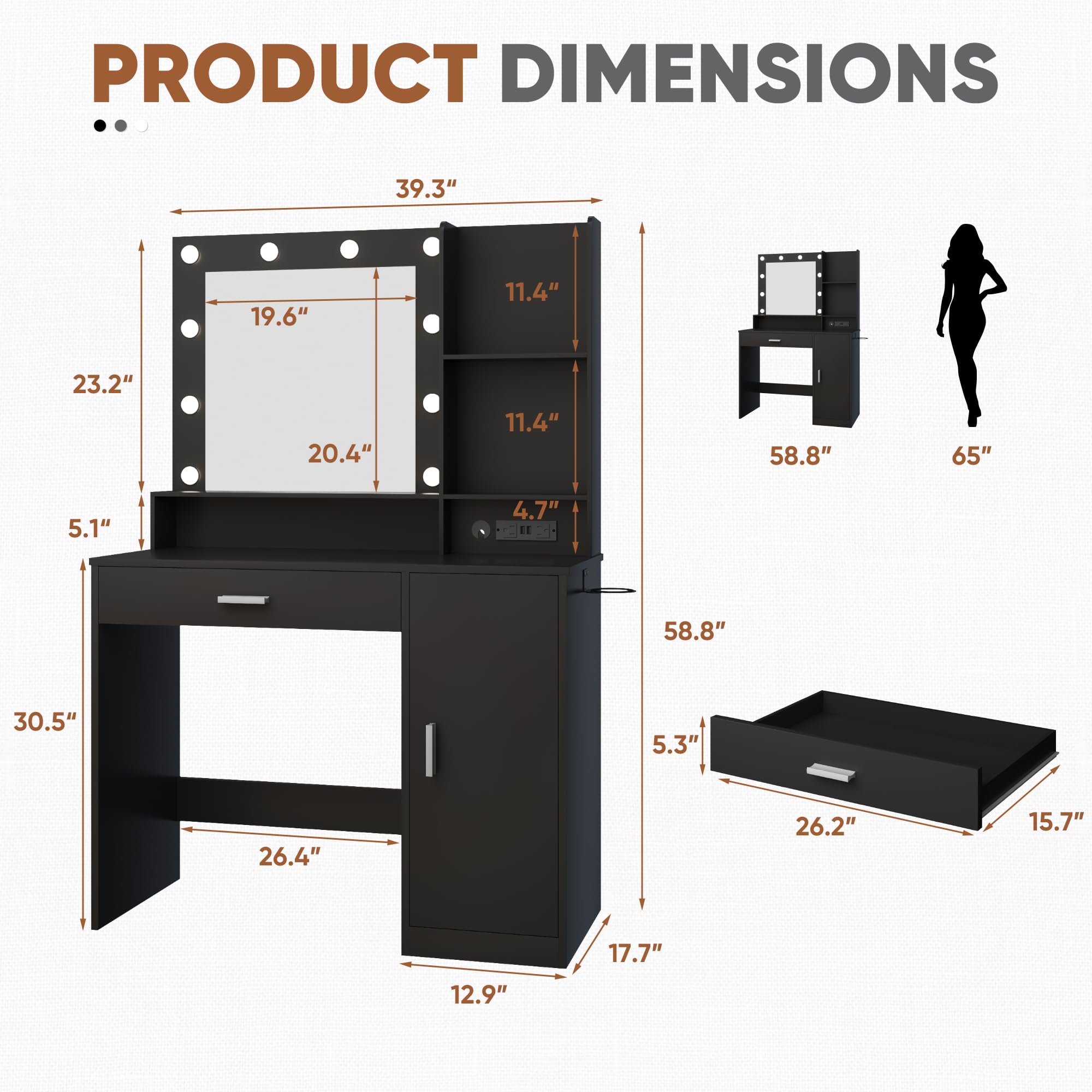 YESHOMY Vanity Desk with LED Lighted Mirror - Makeup Dressing Table with Hair Dryer Holder & Power Outlet, 3 Adjustable Lighting Modes, Storage Drawers & Cabinets (Dark Black) - Perfect for Bedroom, Makeup Room & Dressing Area