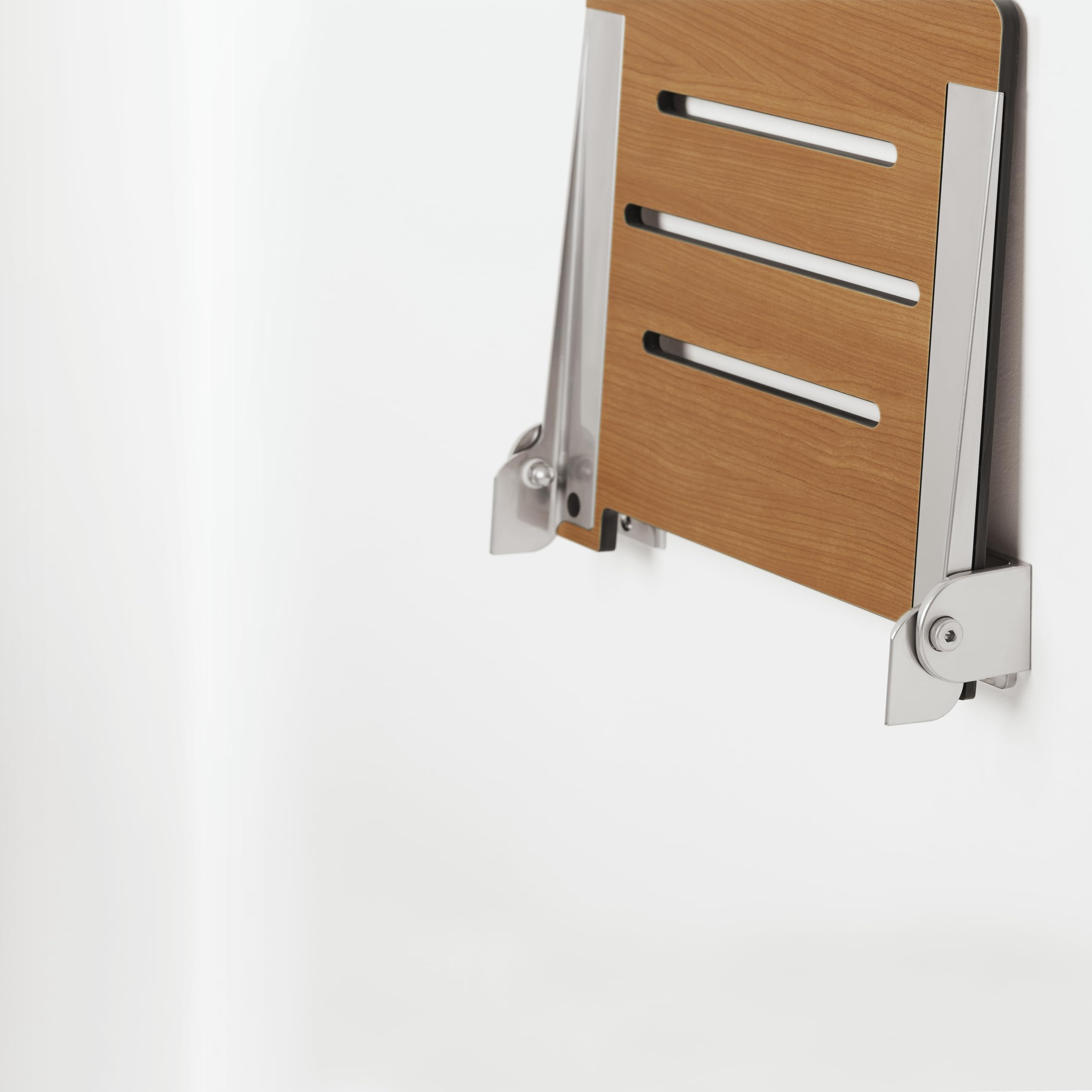 Seachrome 18 Inch Folding Wall Mount Shower Bench - Teak Wood Seat with Silver Frame | Space-Saving Slimline Design for Small Bathrooms & Accessible Shower Seating