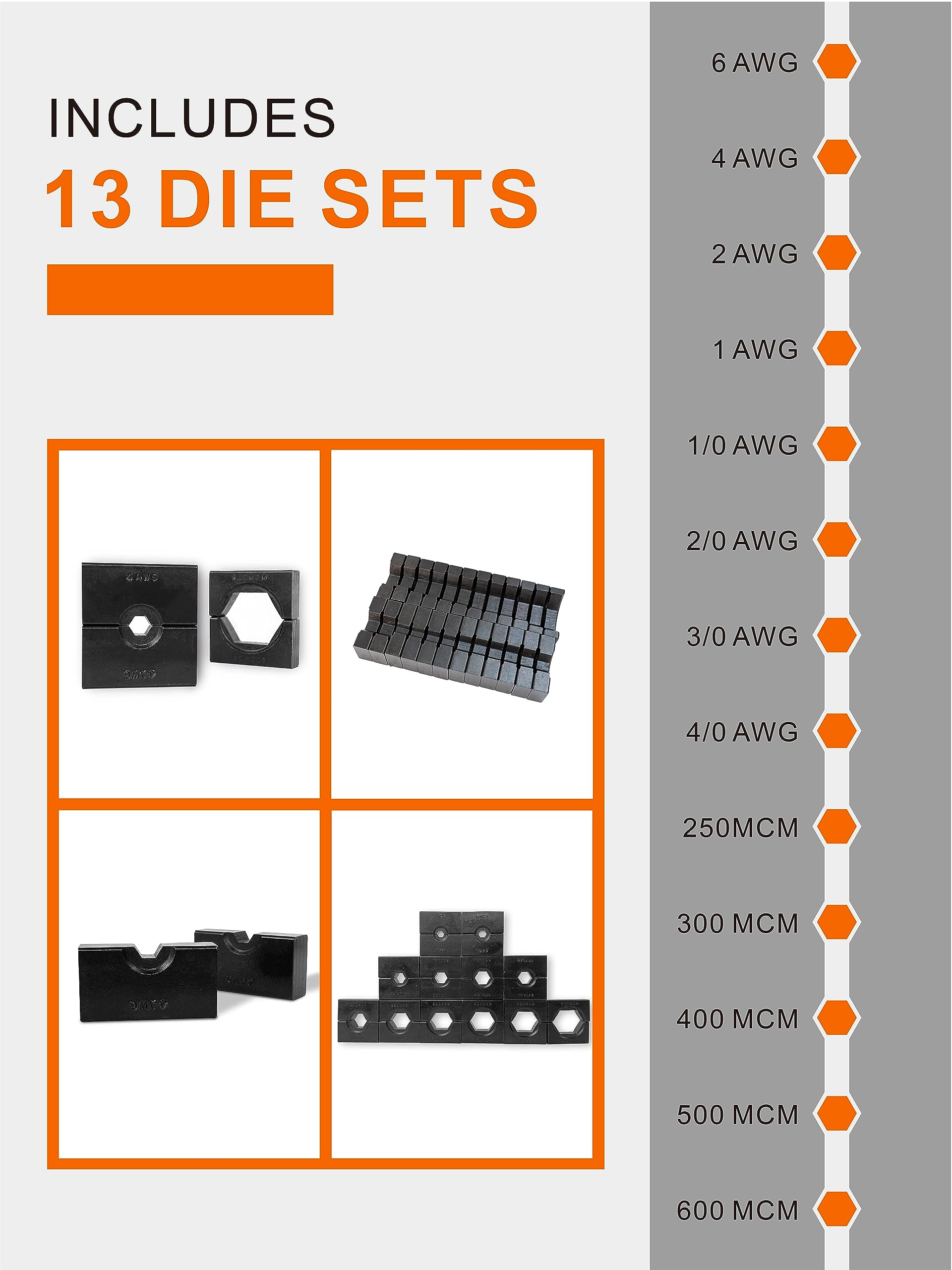 16 Ton Hydraulic Wire Crimper Tool with 13 Pairs Standard US Dies - Crimps 6 AWG to 600 MCM Battery Cables & Lugs | Professional Electrical, Automotive & Marine Wiring Applications