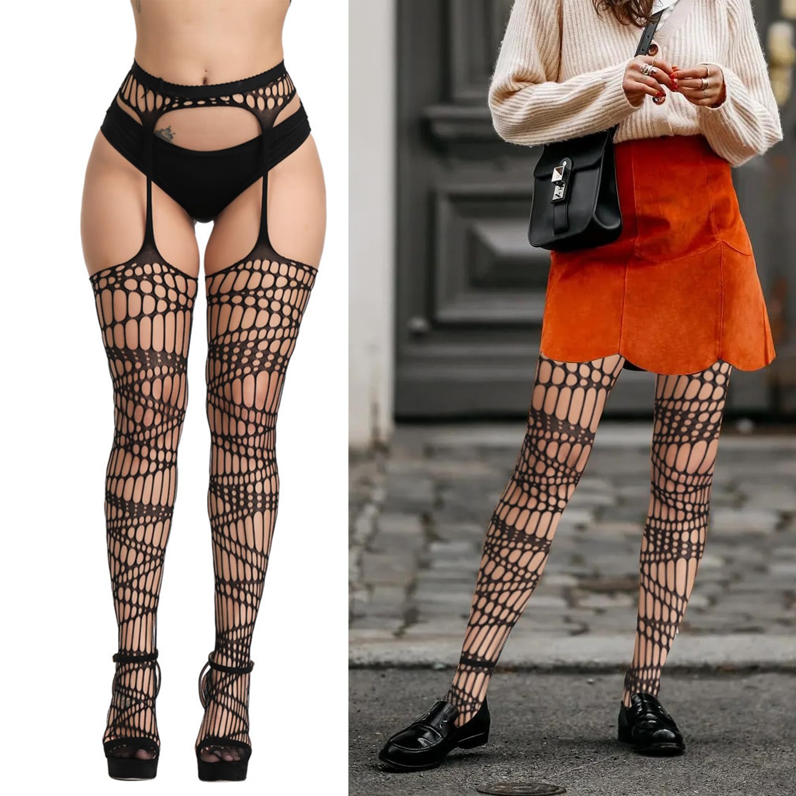 SOUTHRO 5 Pairs Fishnet Thigh High Stockings with Garter Belt Set - Sexy Patterned Tights & Suspender Pantyhose for Women & Girls | Perfect for Halloween, Cosplay, Lingerie & Night Out Outfits