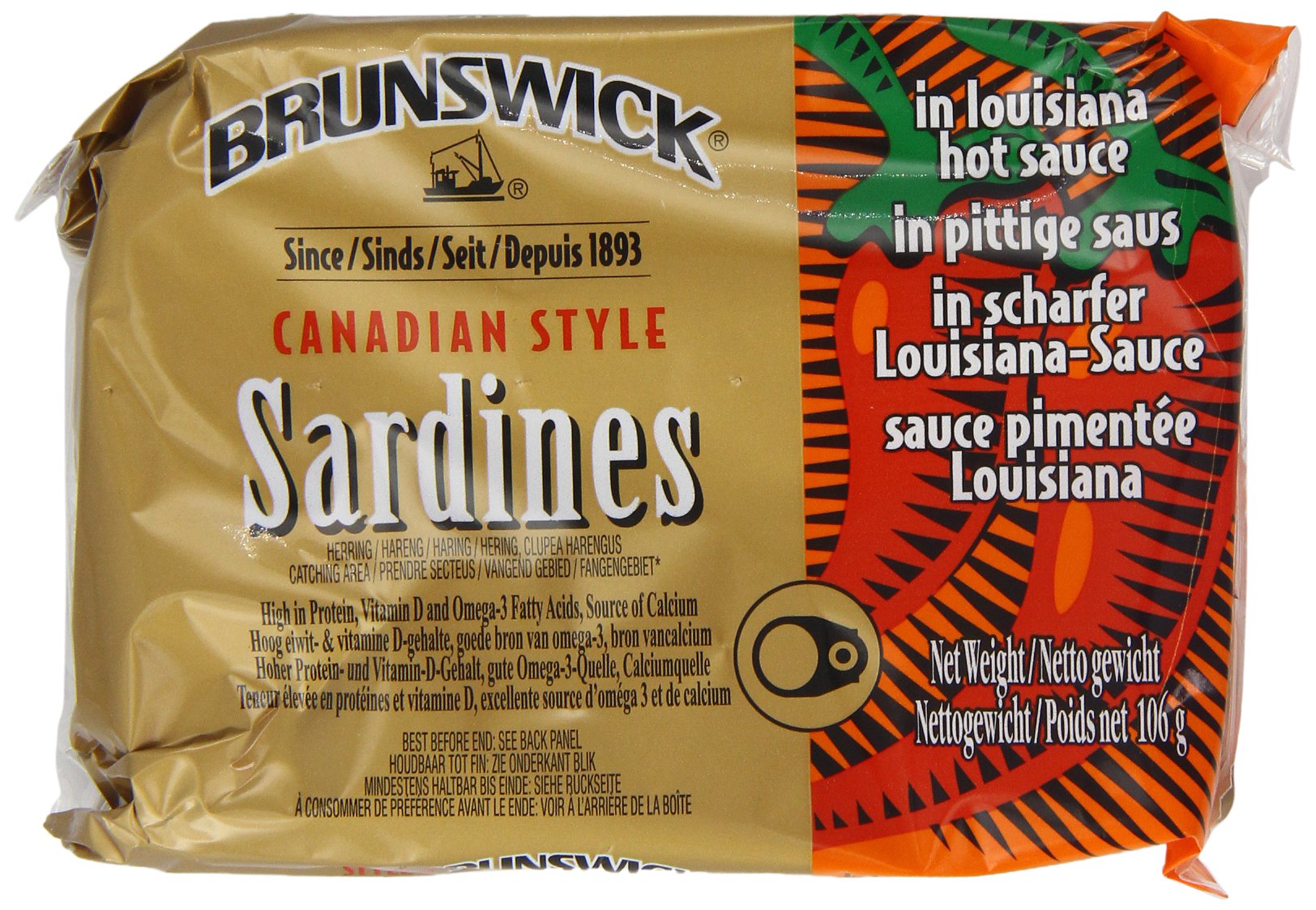Brunswick Canadian Style Sardines in Louisiana Hot Sauce - 106g (Pack of 12) - Premium Canned Fish for Snacks, Salads & Keto Diet - Perfect for Camping, Emergency Food & Pantry Stock