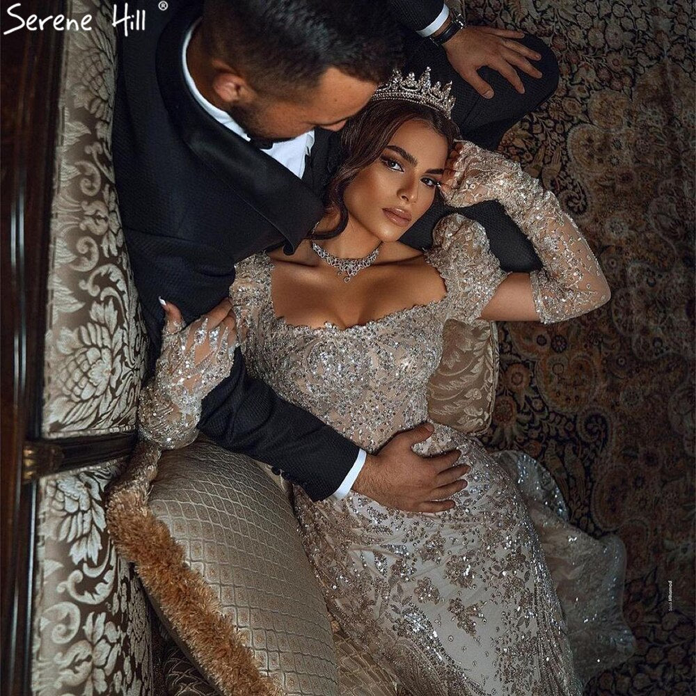 Serene Hill Ivory Luxury Detachable Sleeves Evening Dress Gown 2025 Mermaid Elegant Beaded Prom Dress for Women - Perfect for Weddings, Galas & Formal Parties LA71112