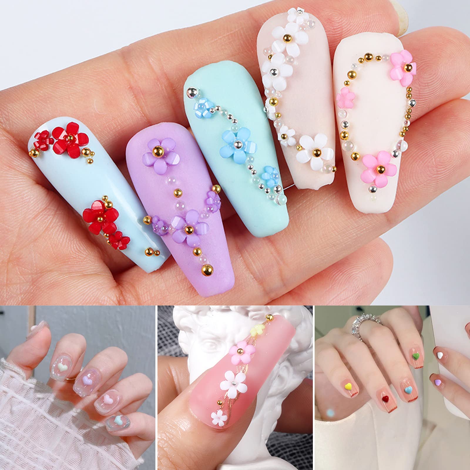 3D Flower Heart Nail Charms - 2 Boxes 24 Grids Flat Back Nail Art Flowers for DIY Manicure | Acrylic Nail Art Supplies for Women & Girls | Perfect for Wedding, Party, Valentine's Day Nail Decoration