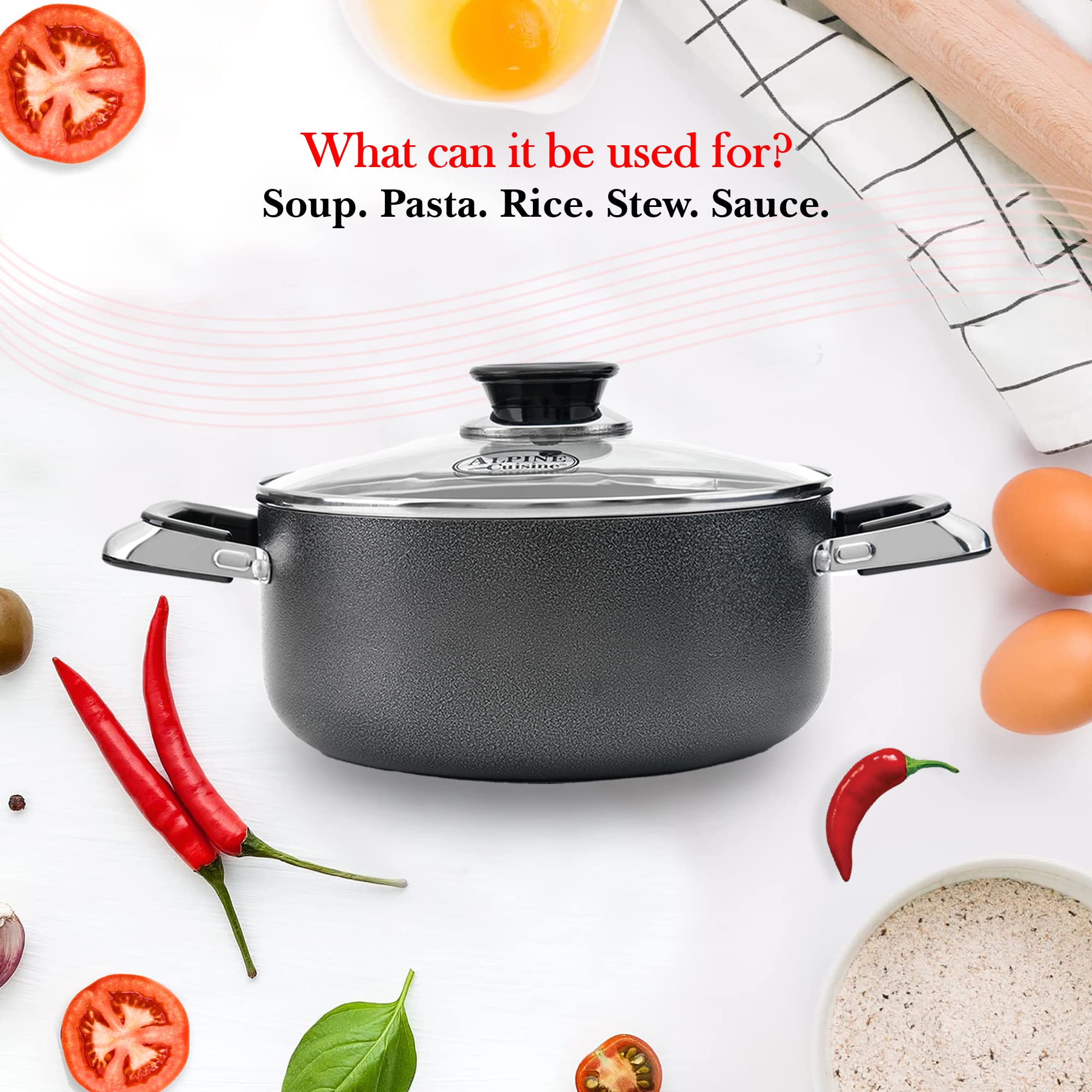 Alpine Cuisine 8.5 Quart Non-Stick Aluminum Dutch Oven with Tempered Glass Lid - Multi-Purpose Cookware for Braising, Boiling, Stewing, Soups & Pasta - Perfect for Home Cooking, Camping & Large Family Meals