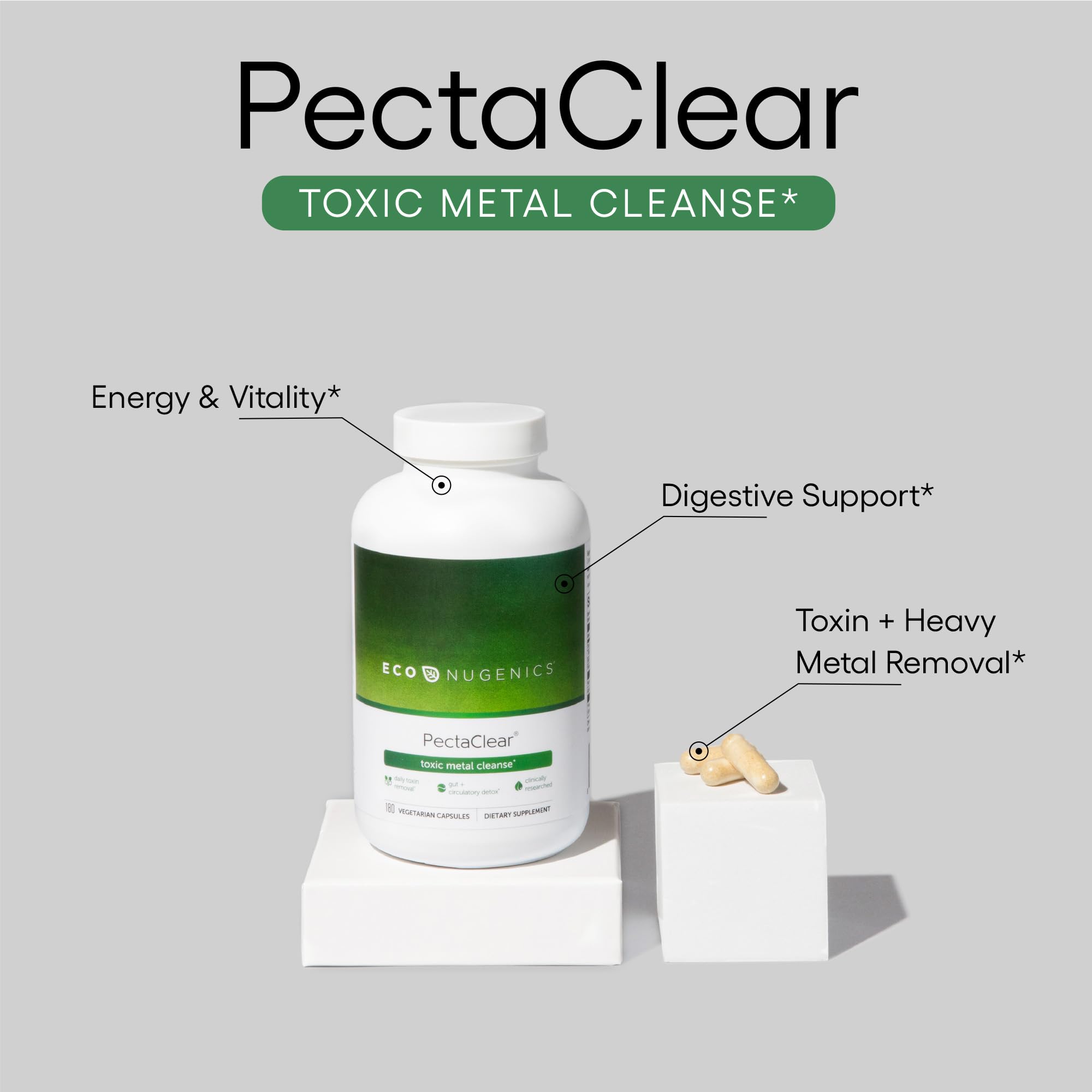 EcoNugenics PectaClear Detox Supplement for Heavy Metal Cleansing – Natural Liver & Kidney Support with Gut Repair – Boosts Energy, Weight Management & Hormone Balance – 180 Capsules for Daily Wellness & Detox Routine
