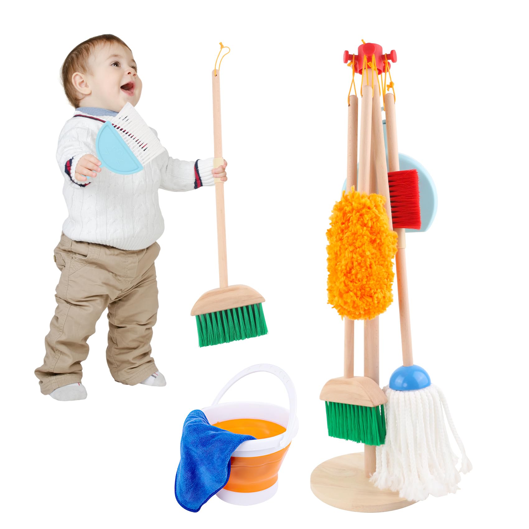 Wooden Kids Cleaning Toy Set - Pretend Play Broom, Dustpan & Mop for Toddlers 3+ Years Old - 9-Piece Learning Housekeeping Kit for Boys & Girls - Perfect Birthday Gift & Preschool Educational Activity - Ideal for Role Play, Montessori Learning & Early Childhood Development