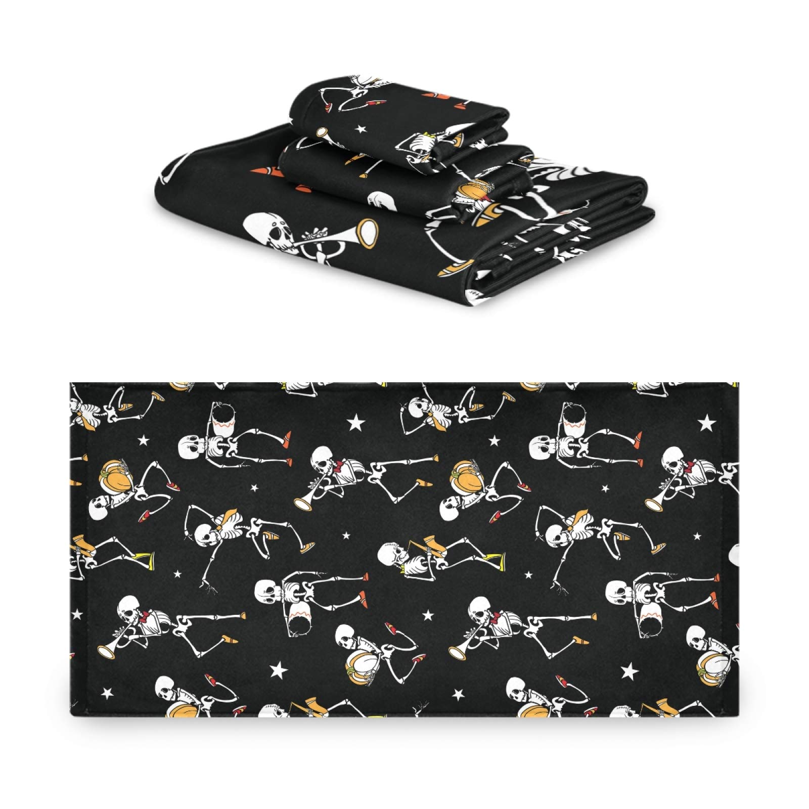 Halloween Skeleton Dance Printed Bath Towel Set - 3 Piece Soft Absorbent Towels (Bath, Hand & Face) for Spa, Bathroom, Hotel, Kitchen, Beach & Gym - Perfect for Halloween Decor & Themed Parties