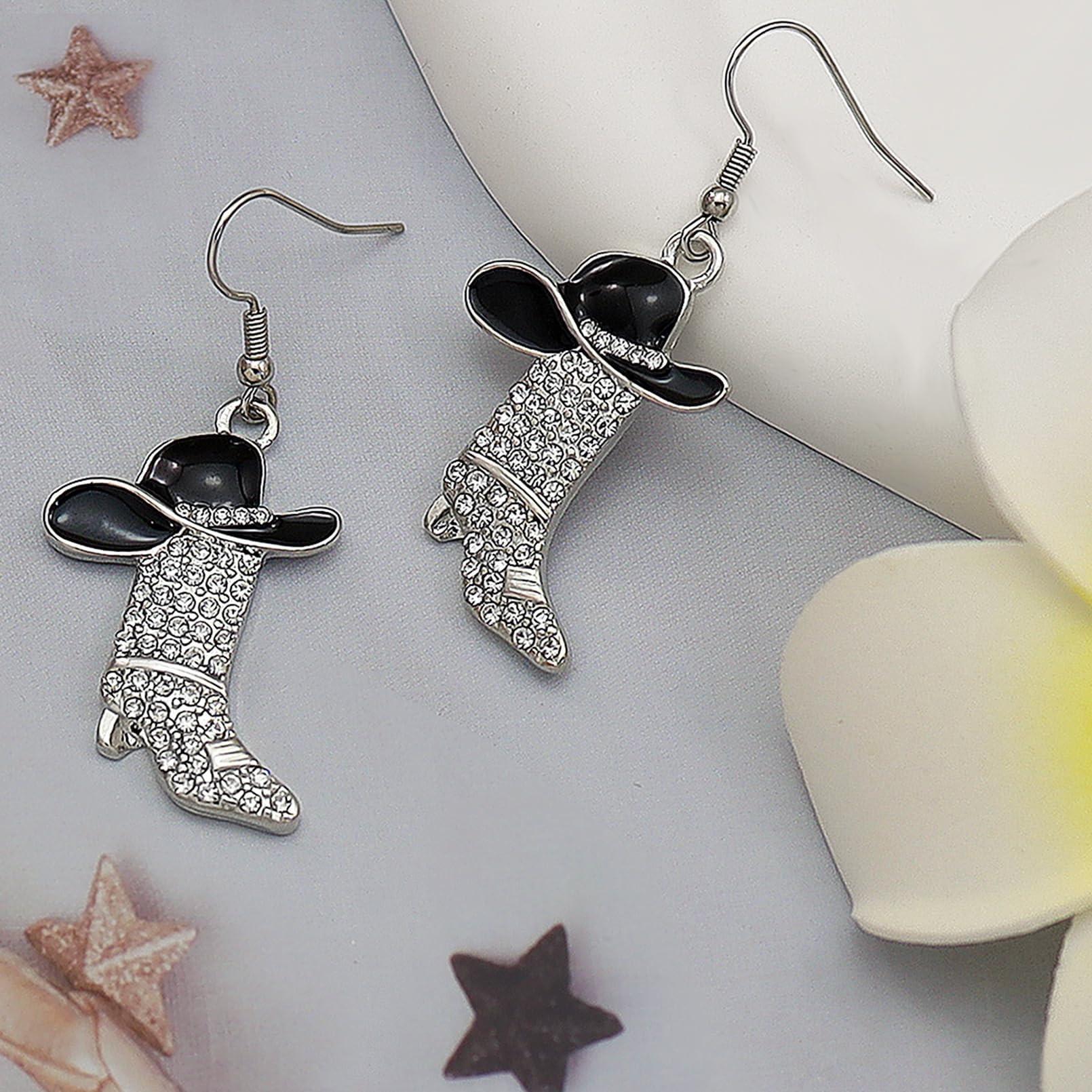 Western Cowgirl Boots & Rhinestone Earrings Set with Felt Fedora Hat - Women's Rodeo Outfit Size M - Perfect for Country Concerts, Line Dancing & Cowboy Themed Parties