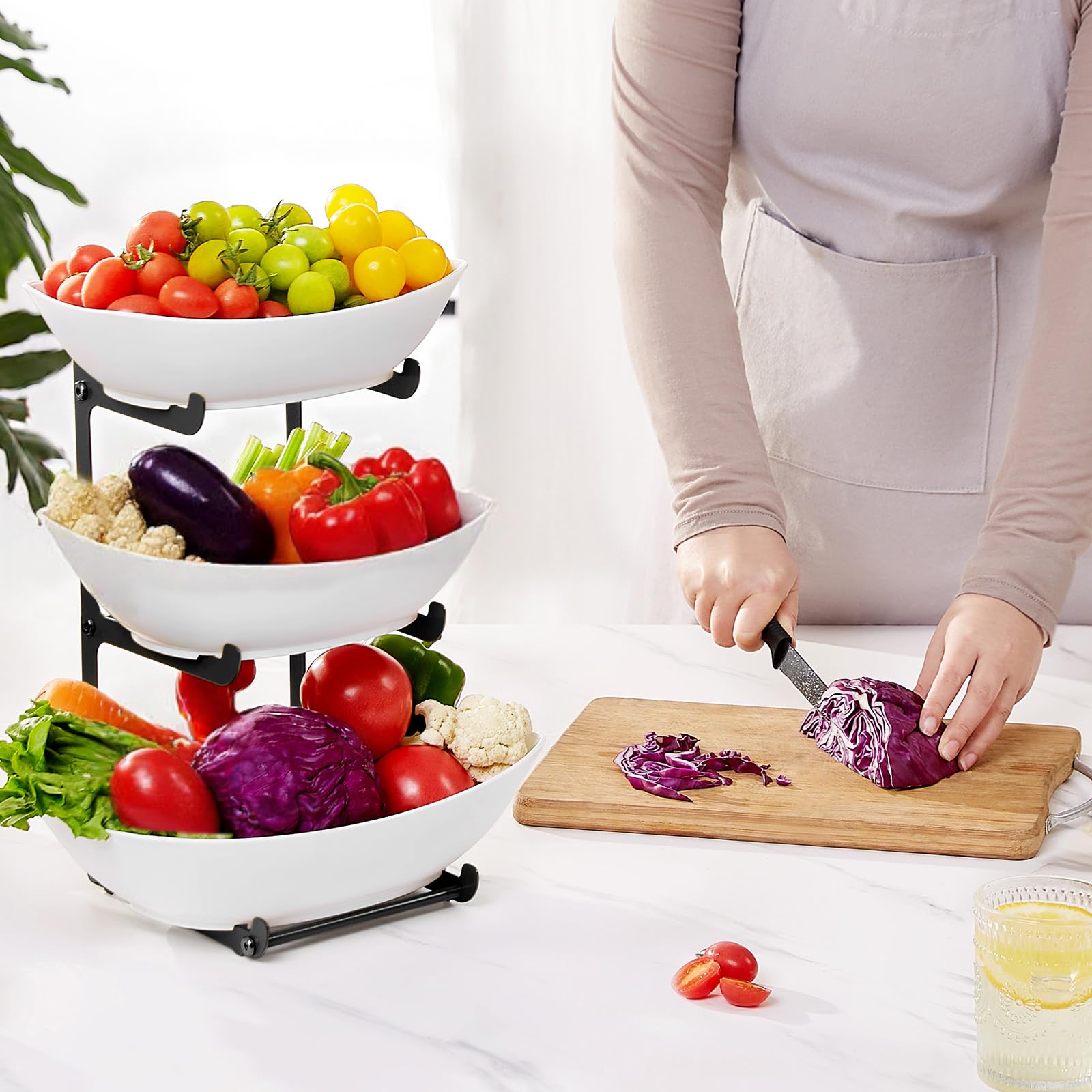3-Tier Plastic Fruit Bowl Basket with Black Metal Stand - Kitchen Countertop Organizer for Fruits, Vegetables, Cakes & Desserts | Perfect for Party Serving, Home Decor and Dining Table Display