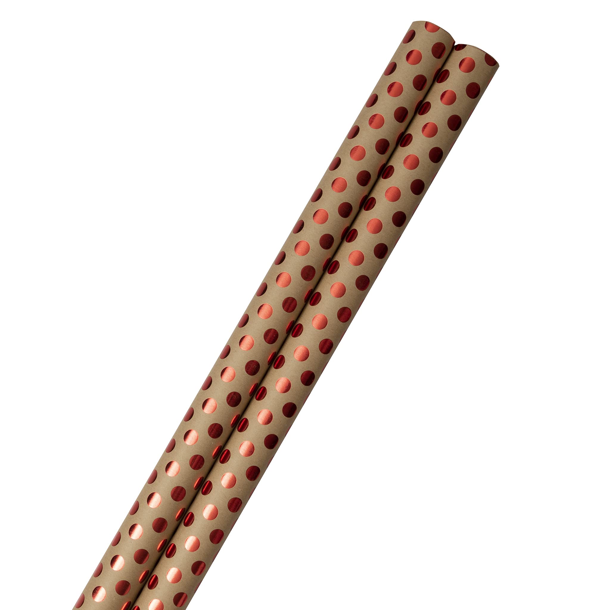 JAM Paper Kraft Gift Wrap - 50 Sq Ft Red Foil Polka Dots on Brown Wrapping Paper (2 Rolls) for Christmas, Birthday & Party Presents