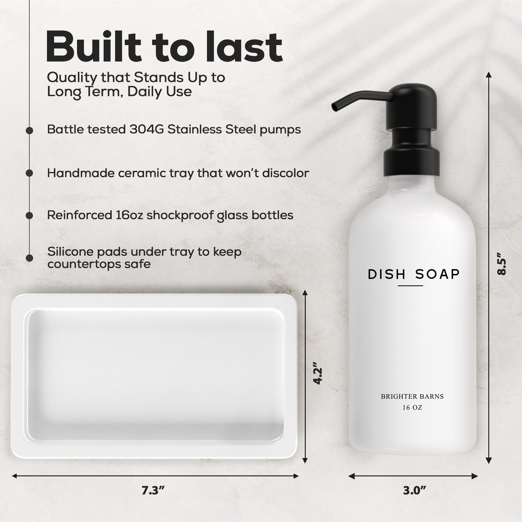 Brighter Barns White Glass Hand & Dish Soap Dispenser Set with Tray - Modern Kitchen Decor for Home, Vacation Rental & Restaurant Use - Elegant Soap Dispenser for Countertop Organization & Stylish Kitchen Accessories