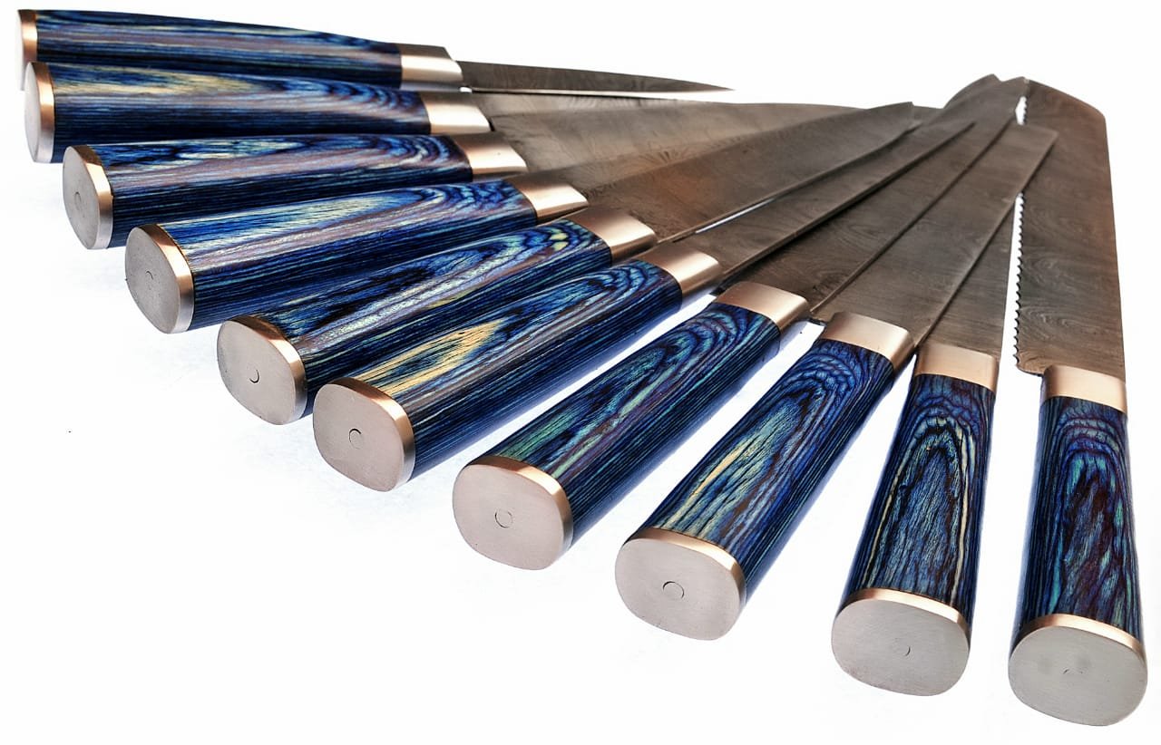 Premium Damascus Steel 10-Piece Professional Chef Knife Set - G25 Custom Kitchen Knives with Blue Wood Handle & Roll Bag - Perfect for Home Cooking, Restaurant Use, and Culinary Gifts