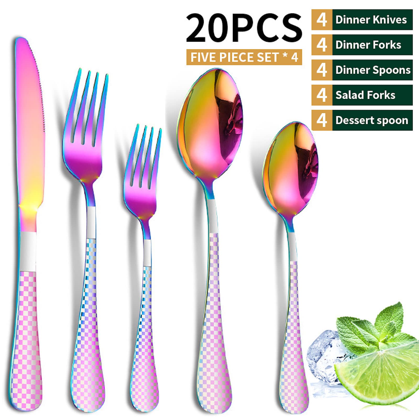 20-Piece Stainless Steel Flatware Set for 4 - Knives, Forks & Spoons with Colorful Plaid Print - Dishwasher Safe Silverware Set - Perfect for Dinner Parties, Family Meals & Everyday Dining