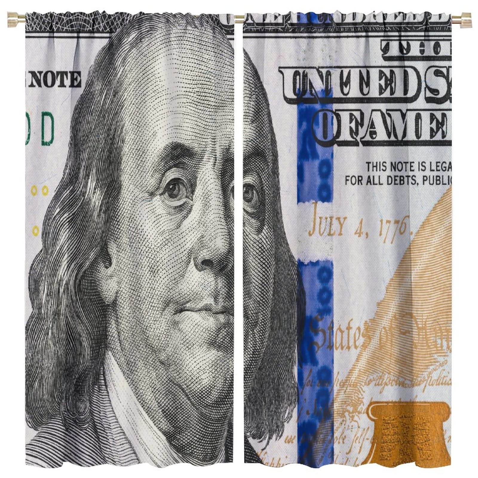 Funny 100 Dollar Bill Kitchen Curtains - Vintage US Currency Print Window Drapes in Grey Green - 84x84 Inch Living Room Decor for American Money Theme, Home Theater, Man Cave or Bar