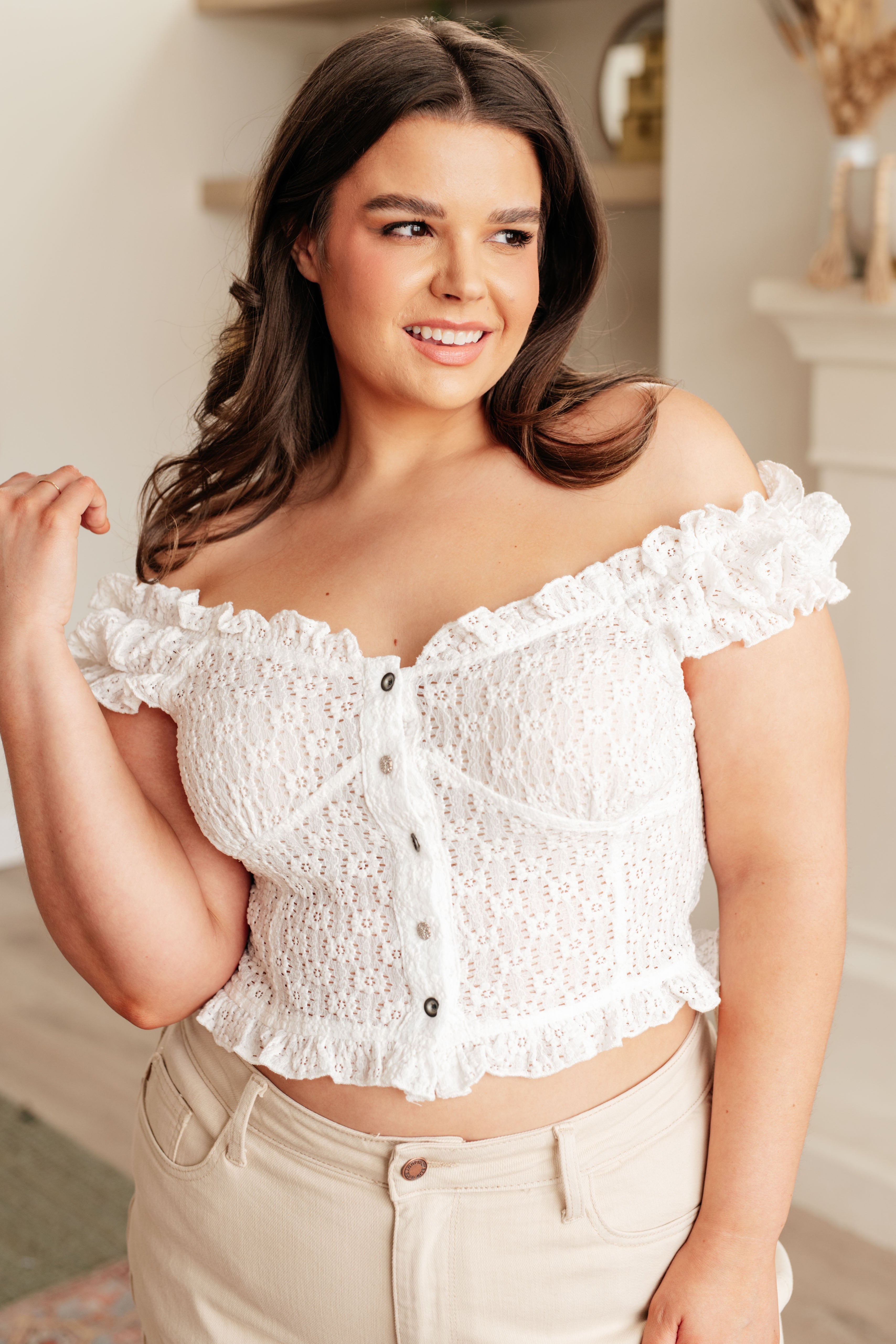 Off White In Fair Verona Button Up Crop Top - Stylish & Trendy Women's Blouse for Casual Wear, Date Night & Summer Outfits