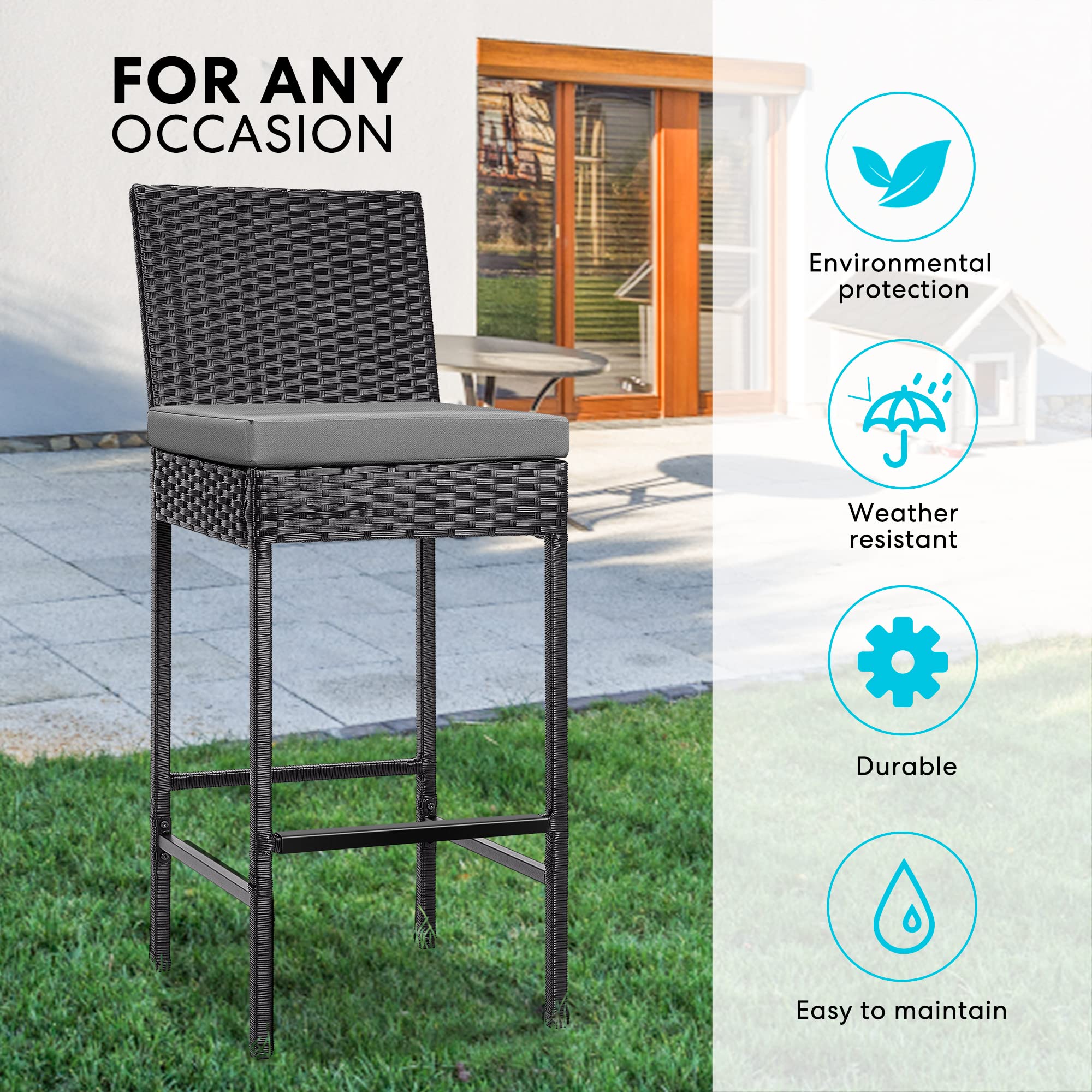 VIVOHOME 4-Pack Outdoor Wicker Bar Stools - PE Rattan Bar Chairs with Cushions, Black - Perfect for Patio, Deck, Garden & Poolside Seating