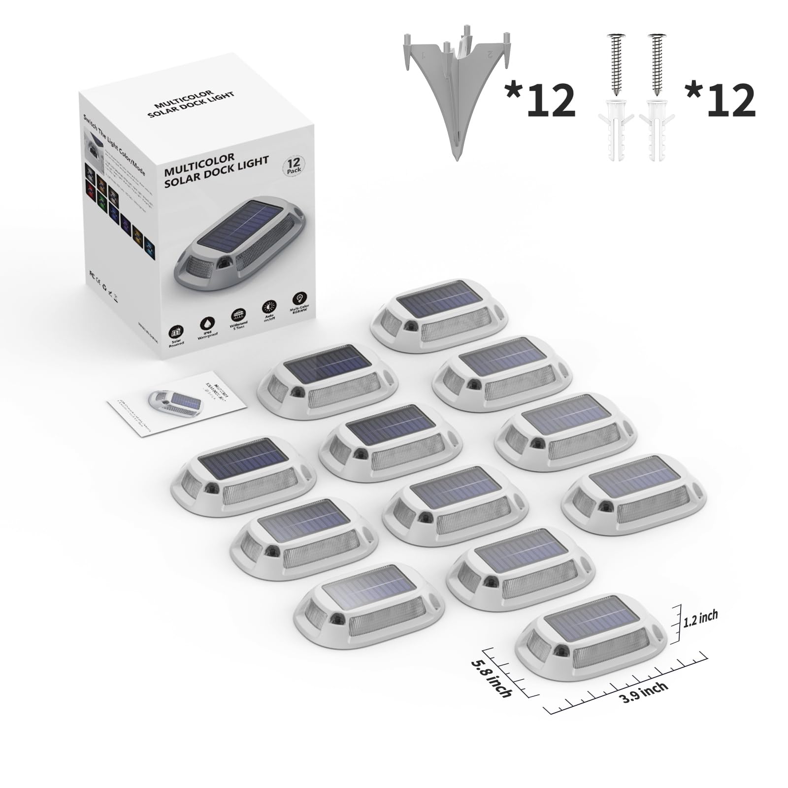 12Modes Multicolor Solar Driveway Lights - IP68 Waterproof Marine Dock Lights with 4Way LED Markers - Aluminum Alloy Boat & Deck Lighting - RGB Pathway Lights for Garden, Yard, Walkway [12Pack]