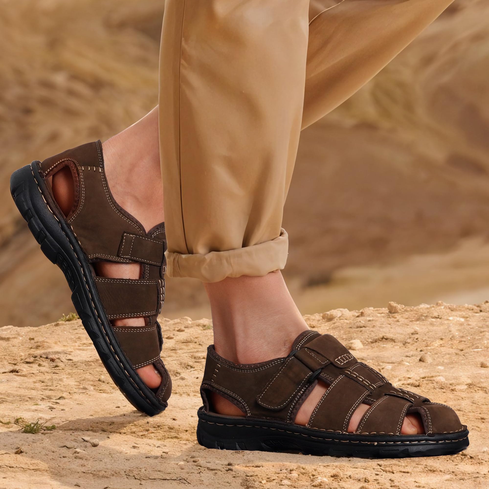 Jousen Men's Leather Open Toe Sandals - Breathable Beach Hiking Sandals for Outdoor Summer Sports | Perfect for Walking, Travel & Water Activities
