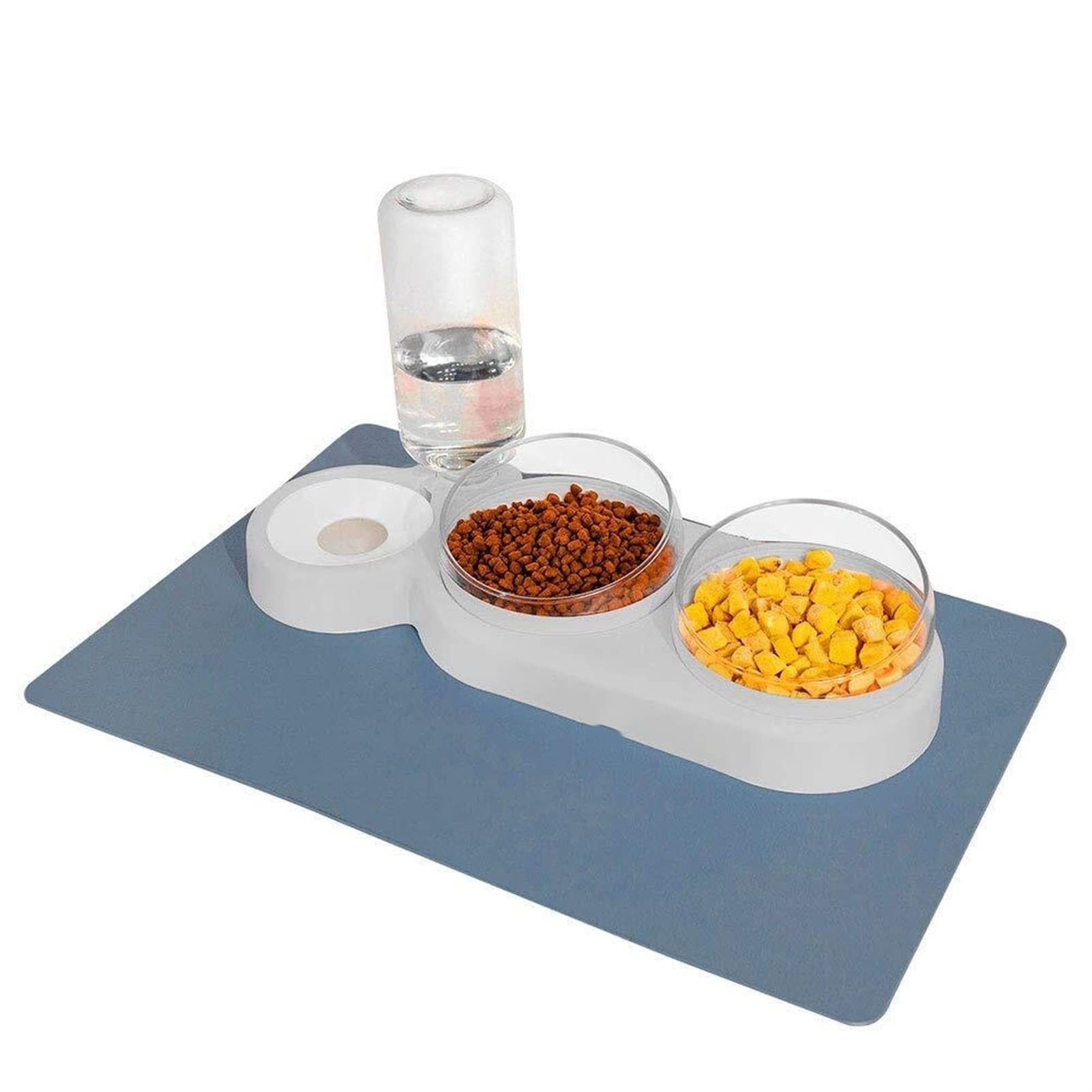 POUBREWD Triple Bowl Set for Cats - Non-Slip Mat, Double Food & Water Bowls for Wet/Dry Food - Perfect for Feeding Stations, Travel & Multi-Cat Homes