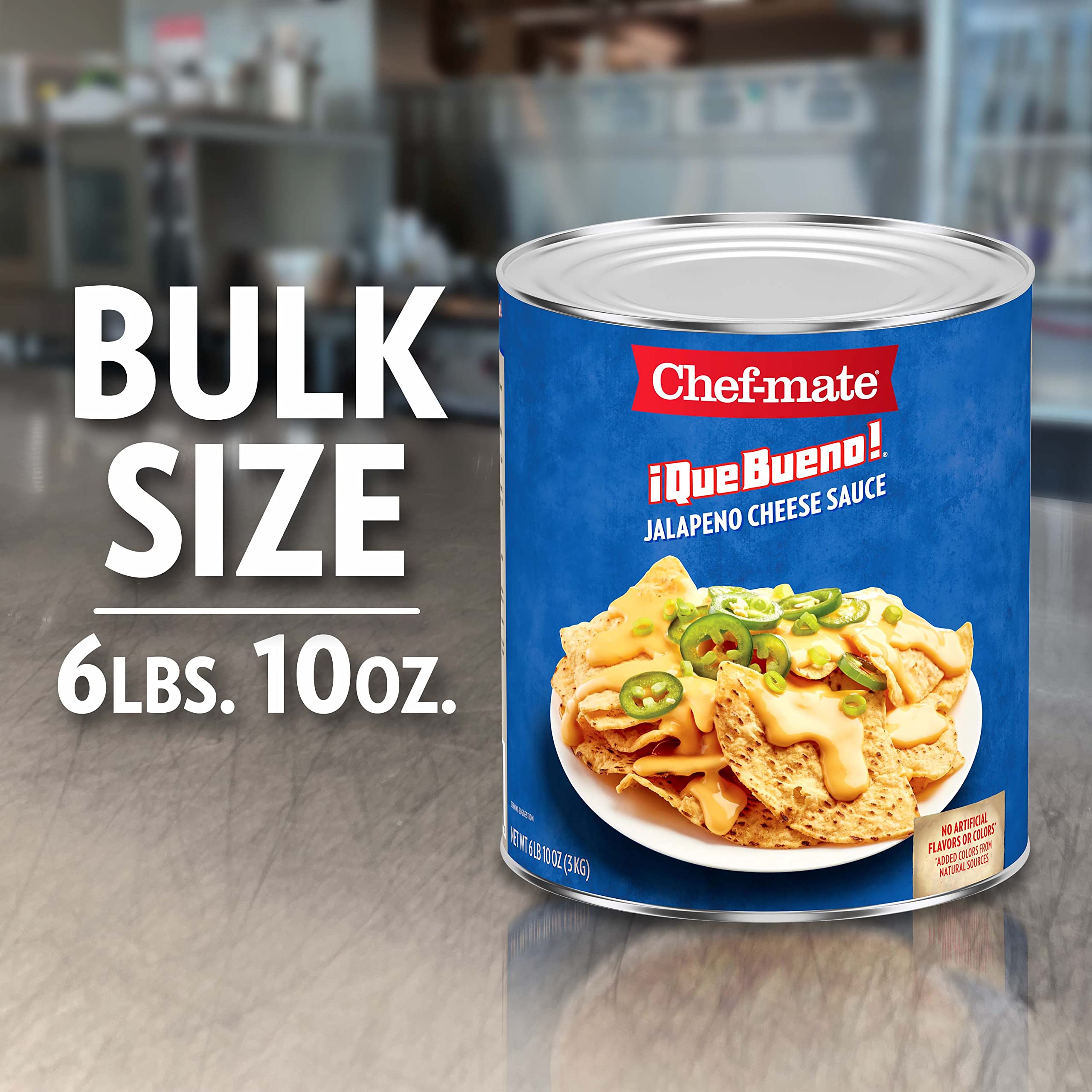 Spicy Nacho Cheese Sauce with Jalapeno - Chef-mate Que Bueno Queso Dip - Bulk #10 Can (6 lb 10 oz) - Pack of 6 - Perfect for Nachos, Tacos, Hot Dogs & Party Snacks
