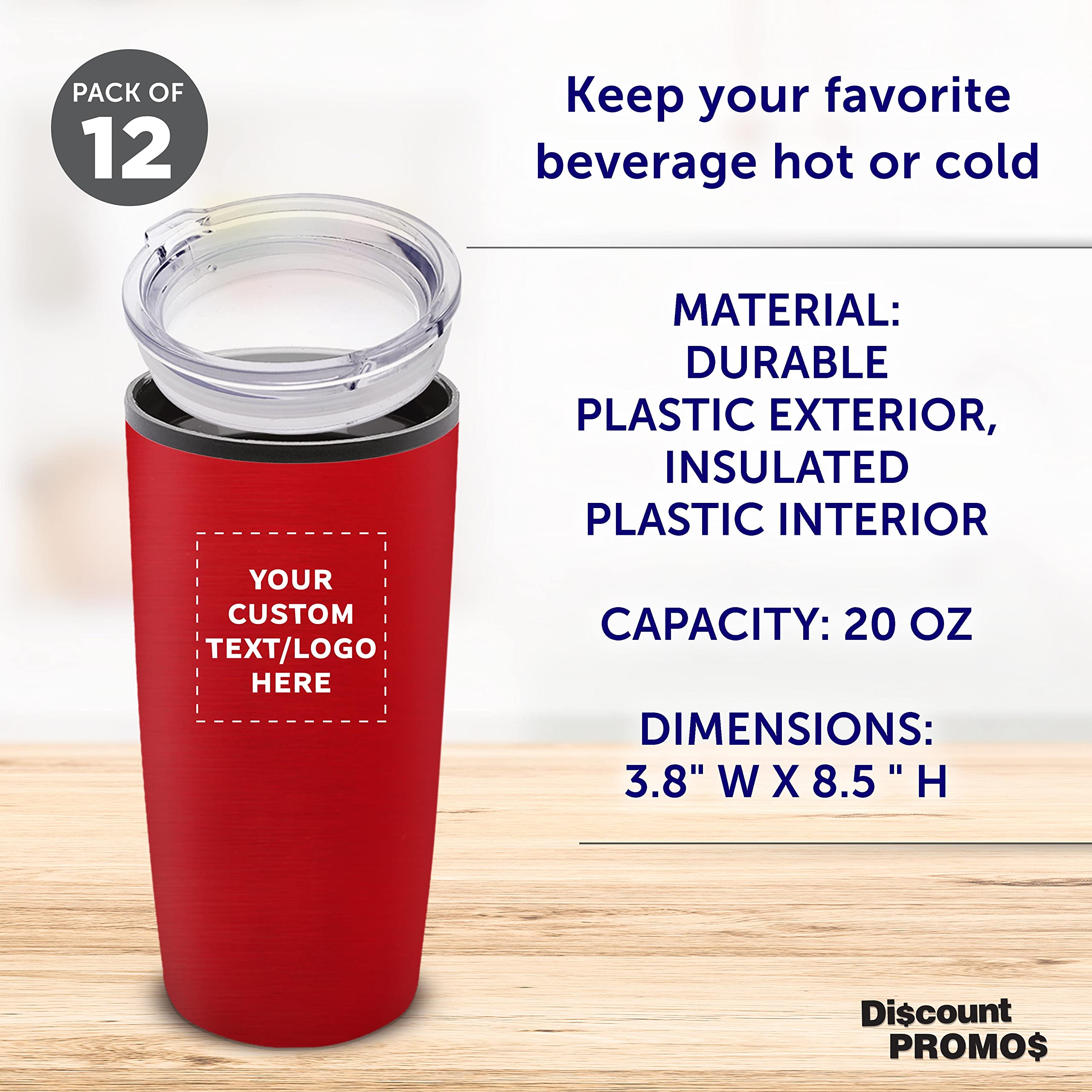 12-Pack Custom 20 oz Plastic Tumblers with Lids - Insulated Personalized Bulk Coffee Cups for Iced Drinks, Travel, Parties & Outdoor Use - Red
