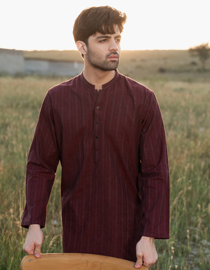 Premium Cotton Maroon Kurta by J. Junaid Jamshed - Traditional Pakistani Men's Tunic for Eid, Weddings & Special Occasions