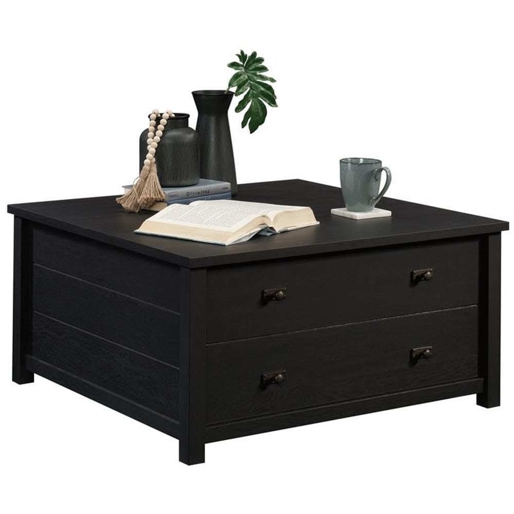 Pemberly Row 2-Drawer Wooden Storage Coffee Table in Raven Oak - Stylish Living Room Furniture for Small Spaces & Home Organization